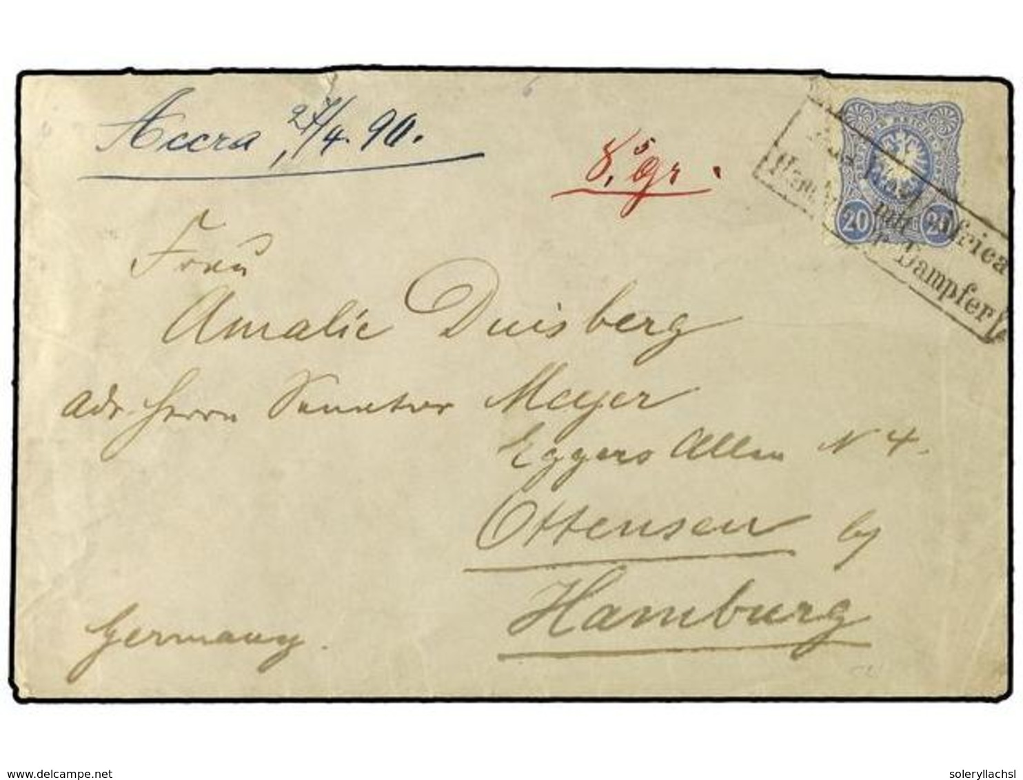 COSTA DE ORO. 1890 (April 27). Woerman Line Cover Endorsed From Accra To Hamburg With Germany 1885 20pf. Ultramarine Tie - Andere & Zonder Classificatie