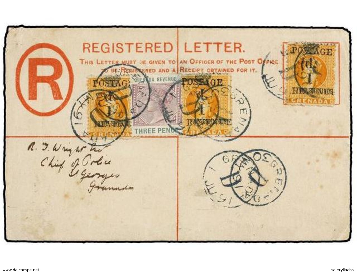 GRENADA: GRENADINAS. Sg.44 (3). 1891. GRENADA To JUOI (Grenada). 2 D. Grey Registered Stationary Envelope Uprated 1 D. O - Altri & Non Classificati