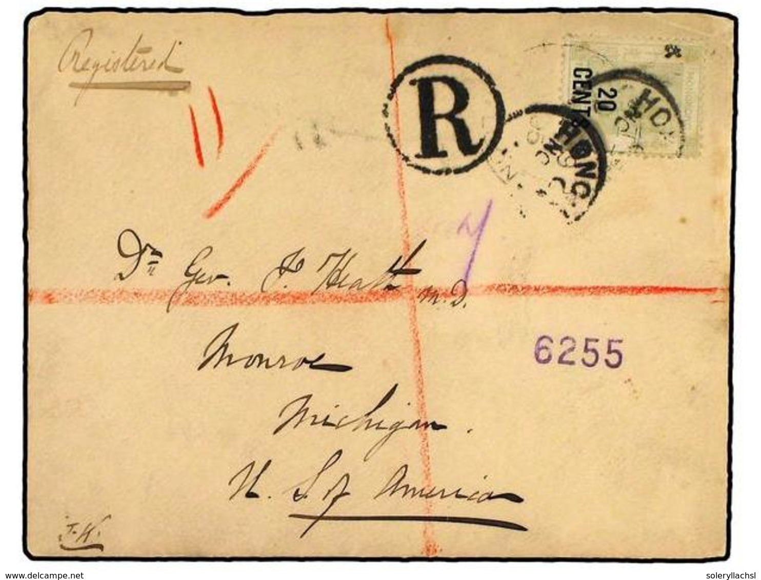 HONG KONG. 1891. 20 C. On 30 C. Gray Green, Tied By HONG KONG Cds¦s On A Registered 1895 Cover To MICHIGAN, With Three B - Autres & Non Classés