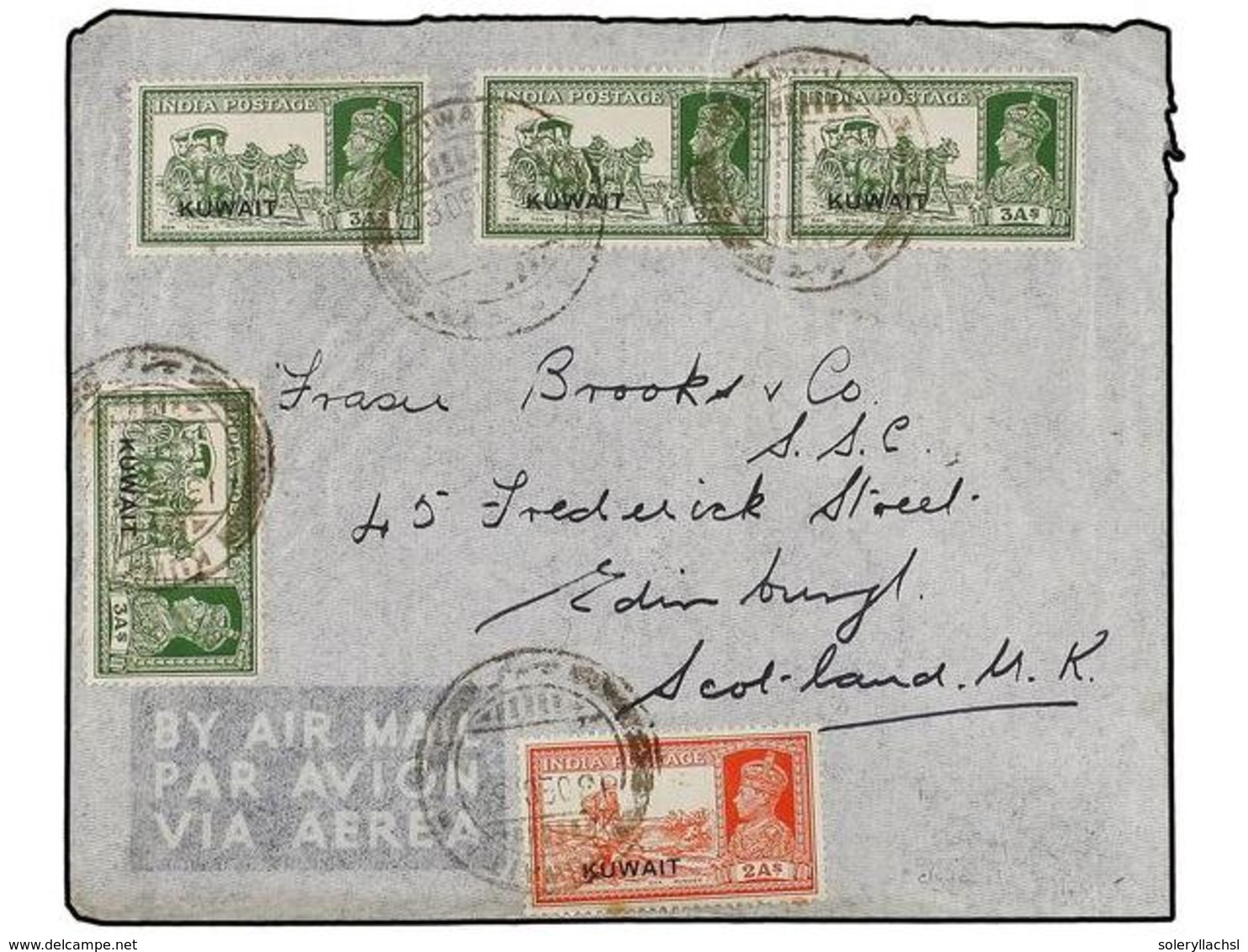 KUWAIT. 1939. KUWAIT To GREAT BRITAIN. Air Mail Envelope Franked With 2 An. And Four 3 An. BASRA Transit On Reverse. - Autres & Non Classés
