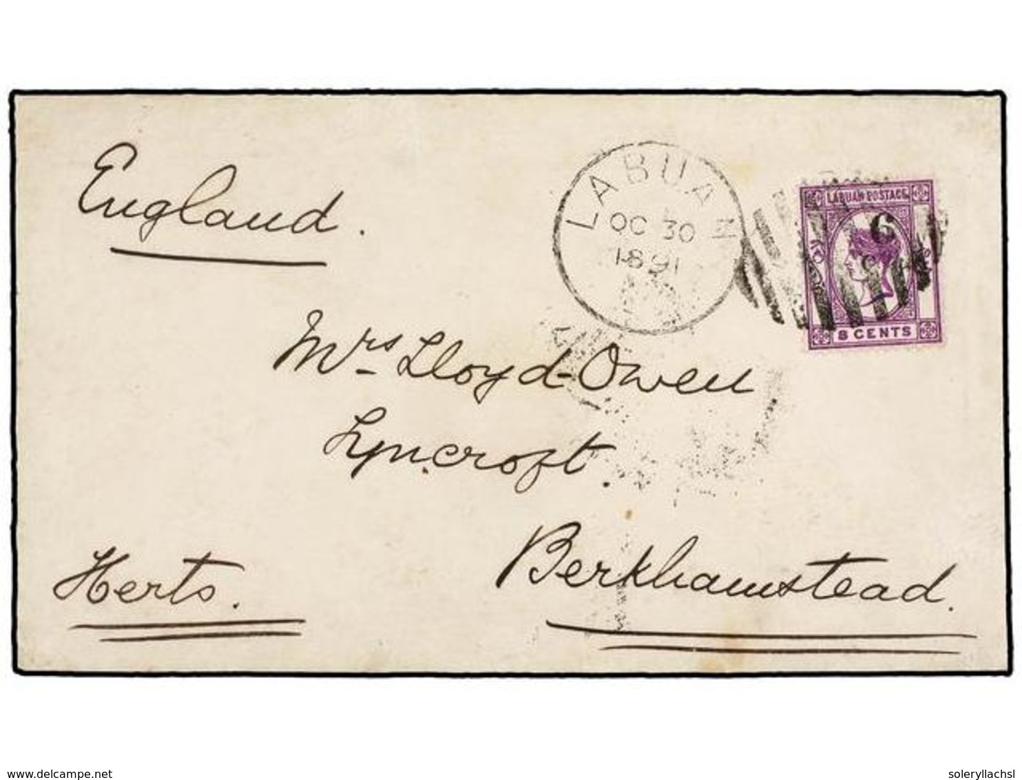 LABUAN. 1891. LABUAN To ENGLAND. Envelope Franked With 6 On 8 Cts. Purple Stamp, Arrival On Reverse. FINE. - Autres & Non Classés