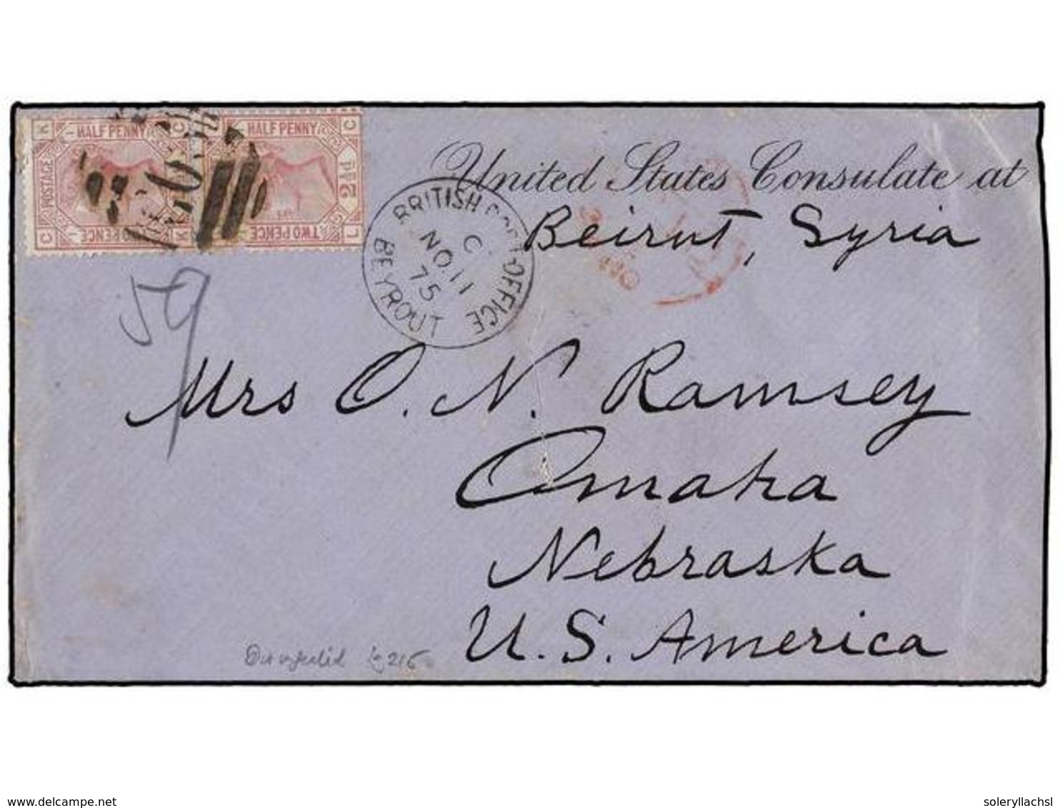 LEVANTE: CORREO INGLES. 1875. BEIRUT To U.S.A. Envelope Of The UNITED STATES CONSULATE AT BEIRUT Franked With Two GB 2 1 - Autres & Non Classés