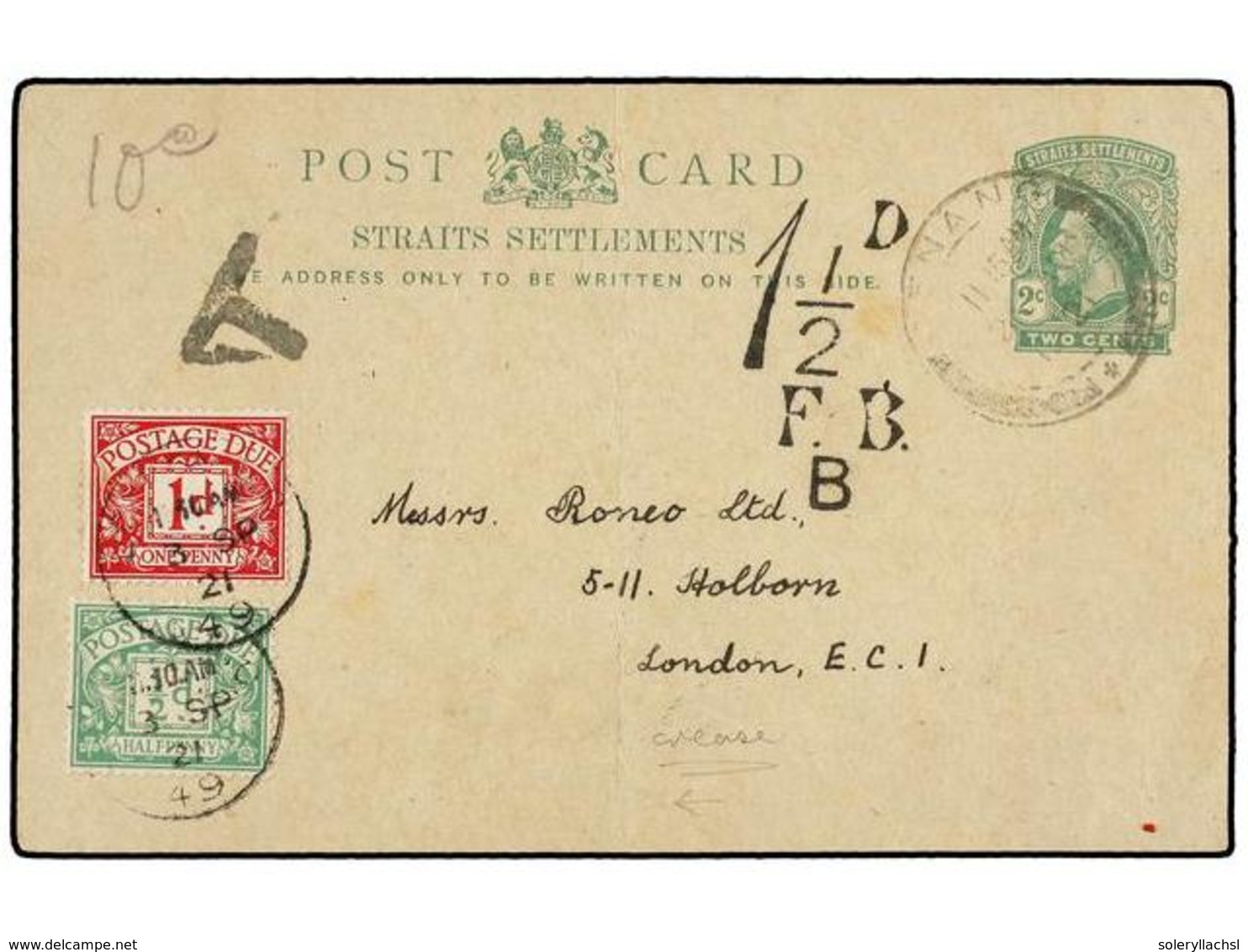 MALAYA. 1921. PENANG To LONDON. 2 Cts. Green Postal Stationery Card, Taxed On Arrival With British 1/2 D. Green And 1 D. - Sonstige & Ohne Zuordnung