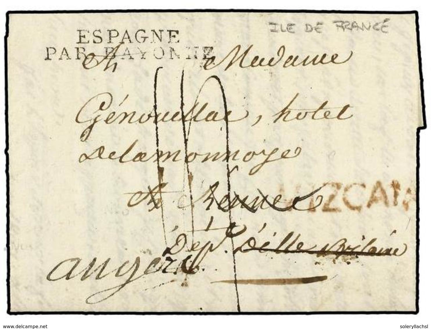 MAURICIO. 1806 (April 6). Entire Letter From 'Ile De France' To Rennes, France Landed In Spain With Red Straight Line 'V - Sonstige & Ohne Zuordnung