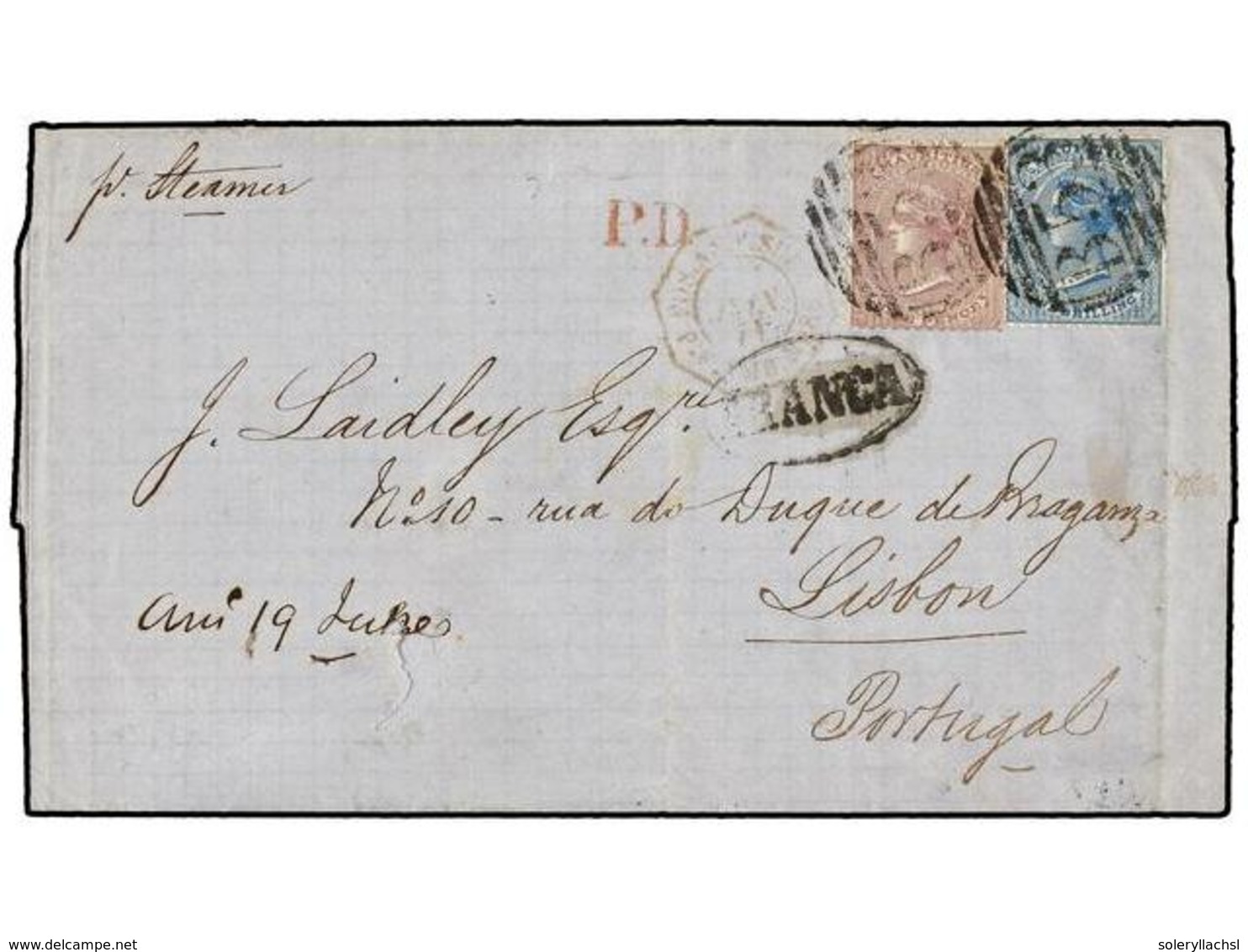 MAURICIO. Sg.51, 69. 1871. MAURICE To LISBON. Folded Letter Franked With 9 D. Dull Purple And 1 Sh. Blue Tied By B53. Ov - Sonstige & Ohne Zuordnung