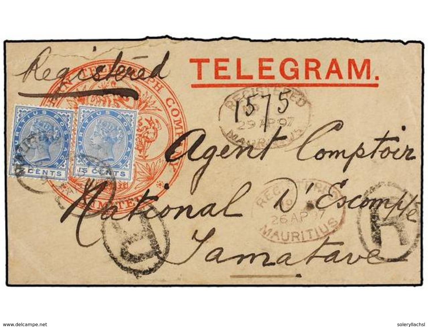 MAURICIO. 1897. MAURITIUS To TAMATAVE (Madagascar). Registered TELEGRAM Envelope Franked With Two 15 Cents. Blue Stamps  - Sonstige & Ohne Zuordnung