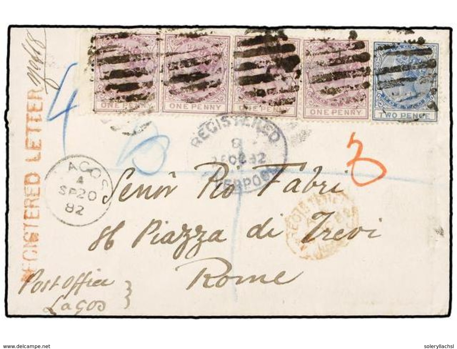 NIGERIA. 1882 (20 Sept.). Envelope From LAGOS To  ROME (Italy) Registered From 'Post Office Lagos', Bearing 1882, 1 D. L - Autres & Non Classés