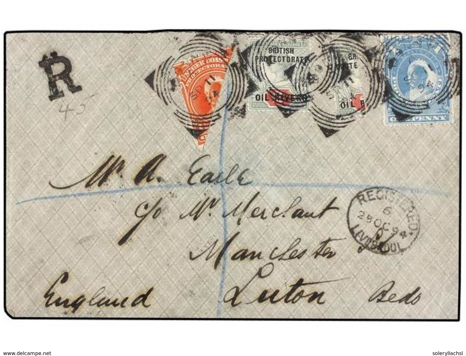 NIGERIA. 1894 (September 11). Registered Cover To ENGLAND Franked 1894 1 D. Bisect, 1894 2 D., 1892 2 D. Bisected And 18 - Andere & Zonder Classificatie