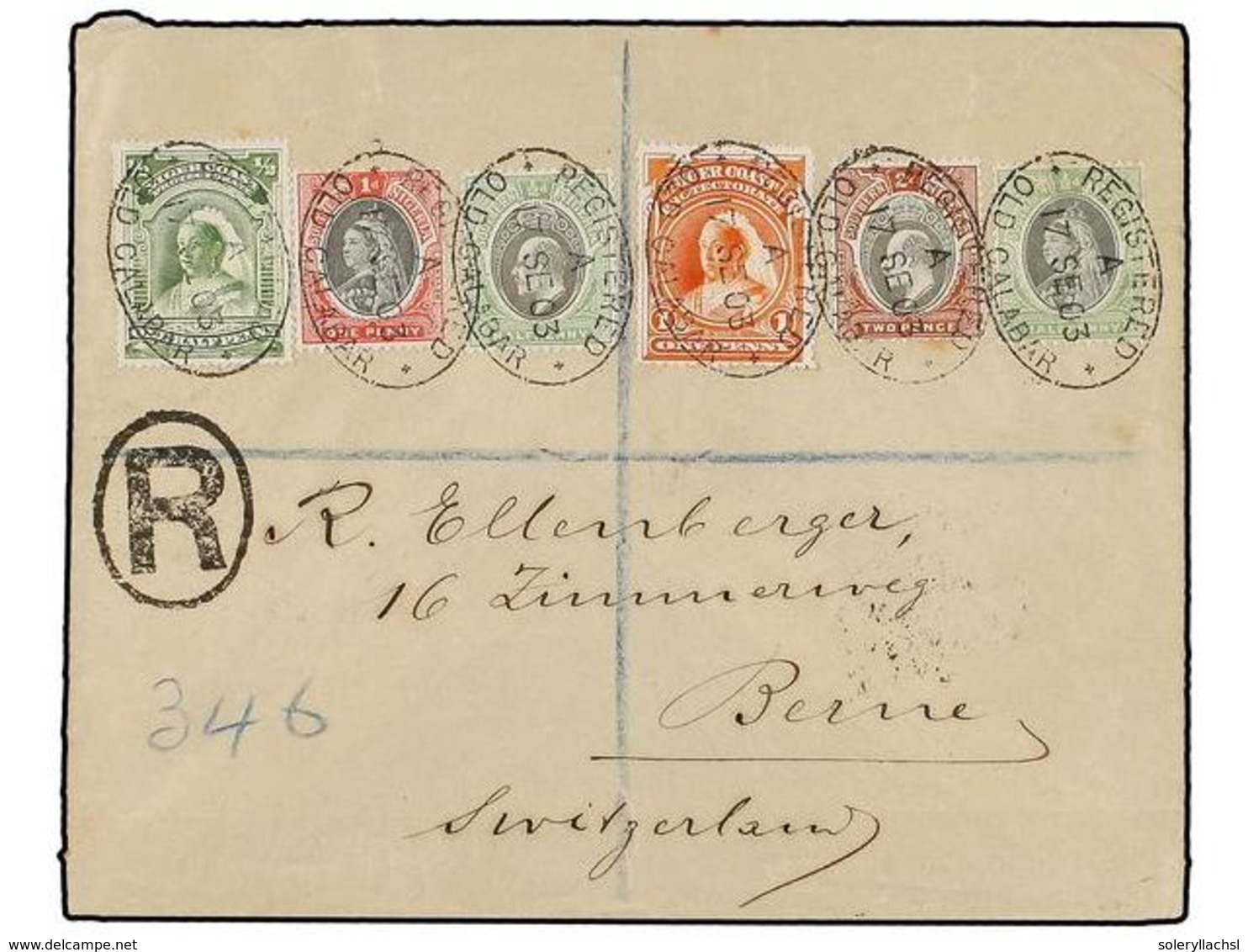 NIGERIA. 1903. OLD CALABAR To SWITZERLAND. Registered Cover, Spectacular Franking, Arrival On Reverse. - Andere & Zonder Classificatie