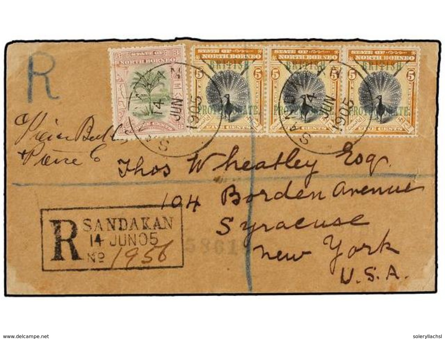 BORNEO. 1905. SANDAKAN To U.S.A. Registered Cover Franked With 3 Cts. And Strip Of Three 5 Cents. Overpt. British Protec - Andere & Zonder Classificatie