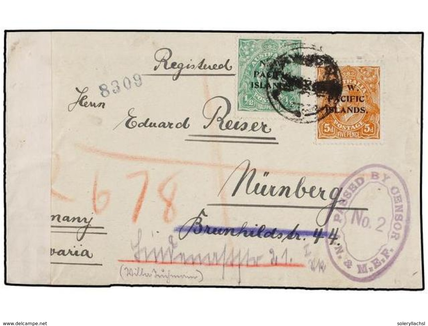 NOROESTE PACIFICO. 1920. NEW GUINEA To GERMANY. Registered Envelope Franked With 1/2 D. Green And 5 D. Ocre Stamps. Oval - Sonstige & Ohne Zuordnung