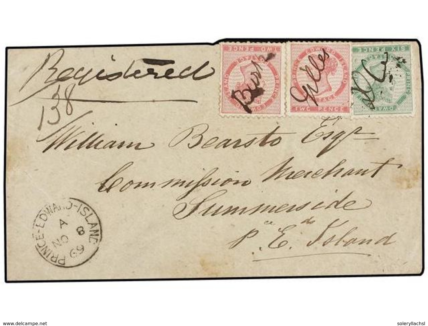 PRINCIPE EDUARDO. Sc.5a (2), 7. 1869. Registered Cover To SUMSMERSIDE Franked With Two 2 D. Rose And 6 D. Green Tied Wit - Autres & Non Classés