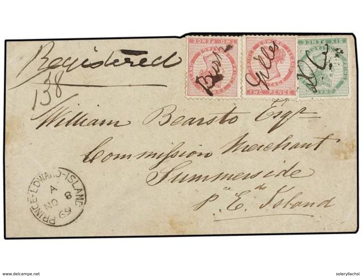 PRINCIPE EDUARDO. Sc.5a (2), 7. 1869. Registered Cover To SUMSMERSIDE Franked With Two 2 D. Rose And 6 D. Green Tied Wit - Altri & Non Classificati