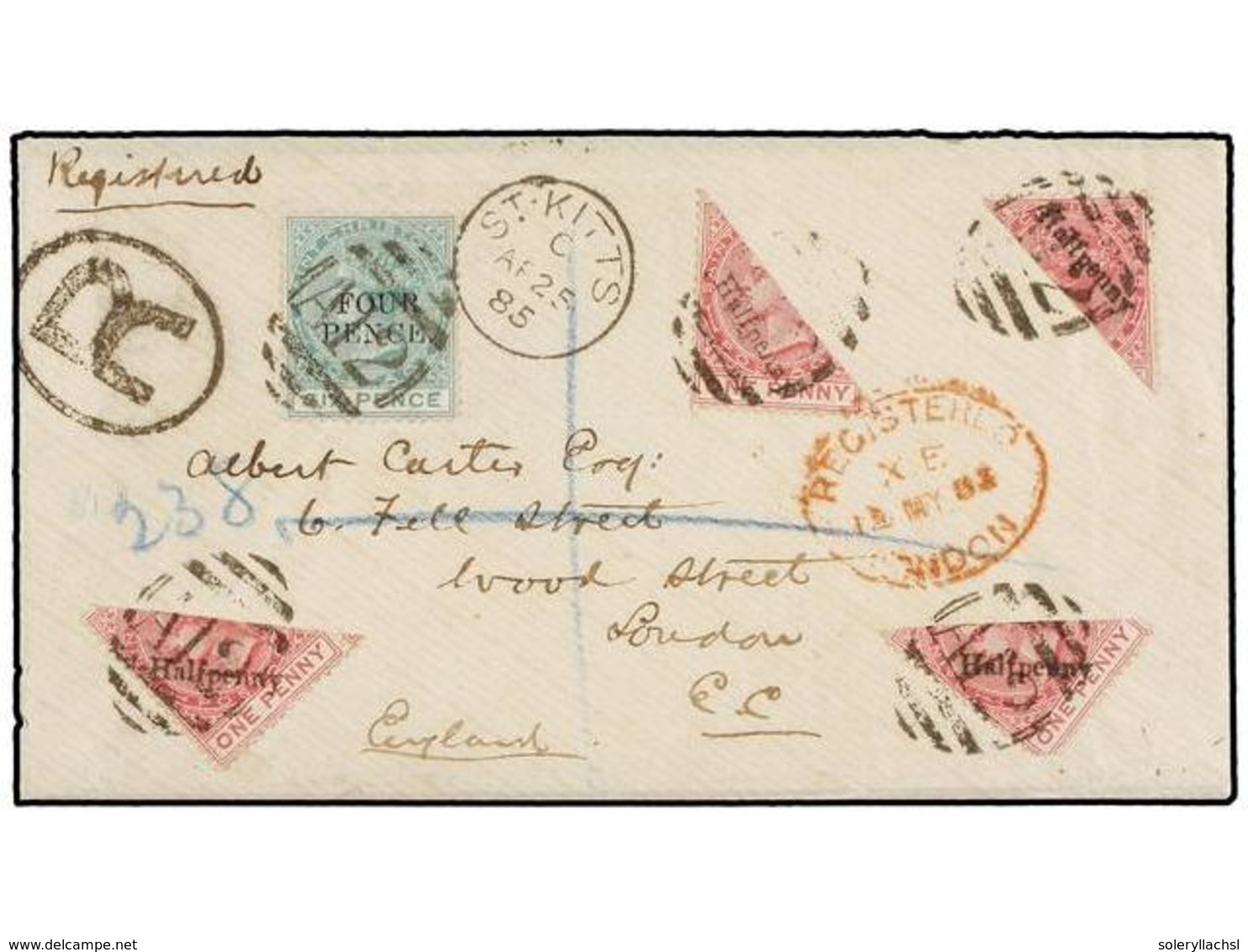 SAN KITTS-NEVIS. 1875. ST. KITTS To LONDON. Registered Cover Franked With Four Bisected 1/2 D. On 1 D. Stamp (one Light  - Altri & Non Classificati