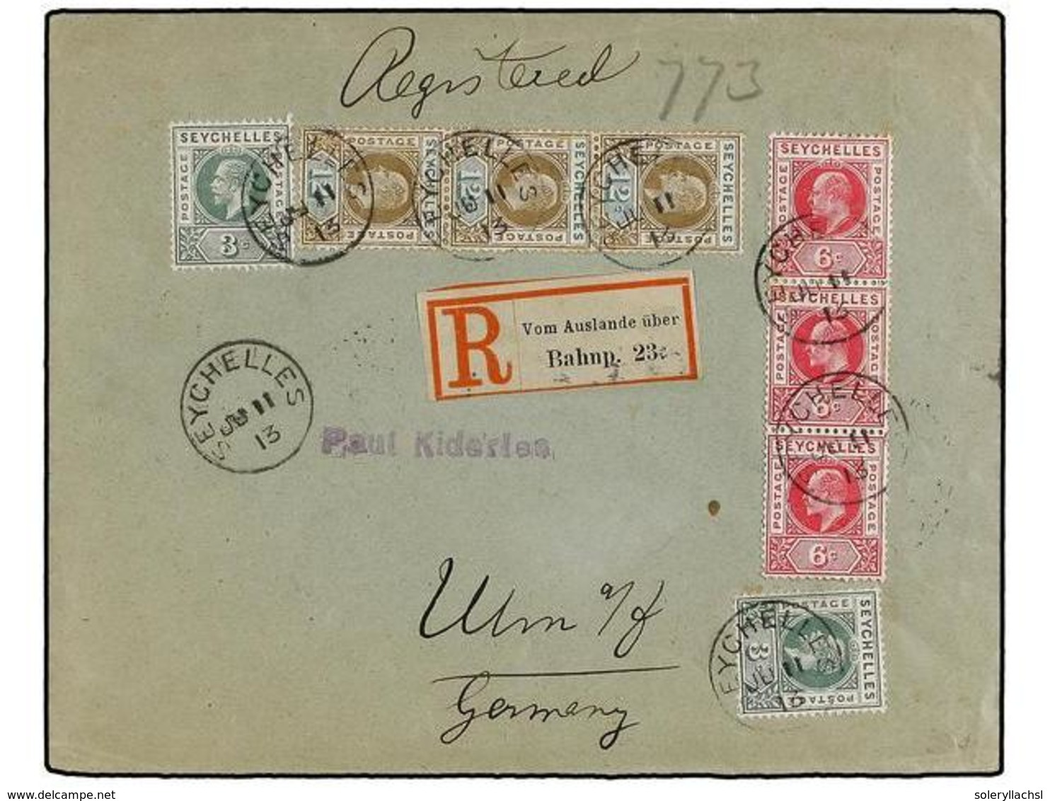 SEYCHELLES. 1913. SEYCHELLES To ALEMANIA. Registered Cover, Nice Franking, Arrival On Reverse. - Autres & Non Classés