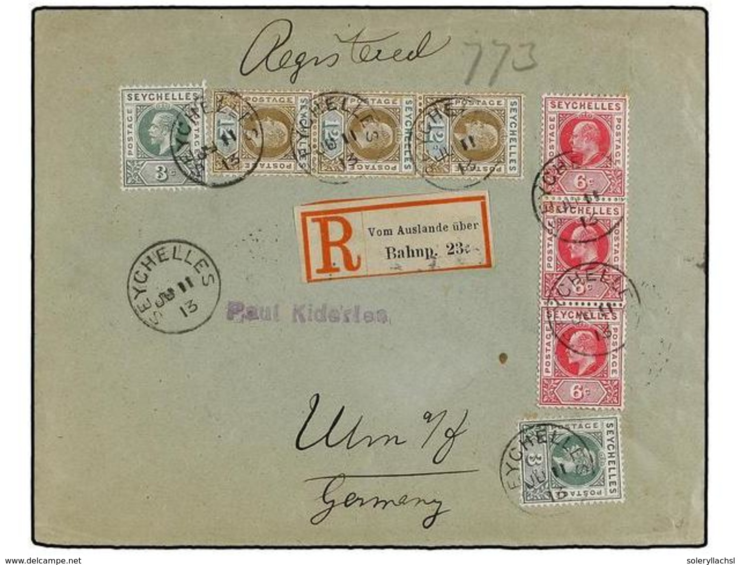 SEYCHELLES. 1913. SEYCHELLES To ALEMANIA. Registered Cover, Nice Franking, Arrival On Reverse. - Andere & Zonder Classificatie