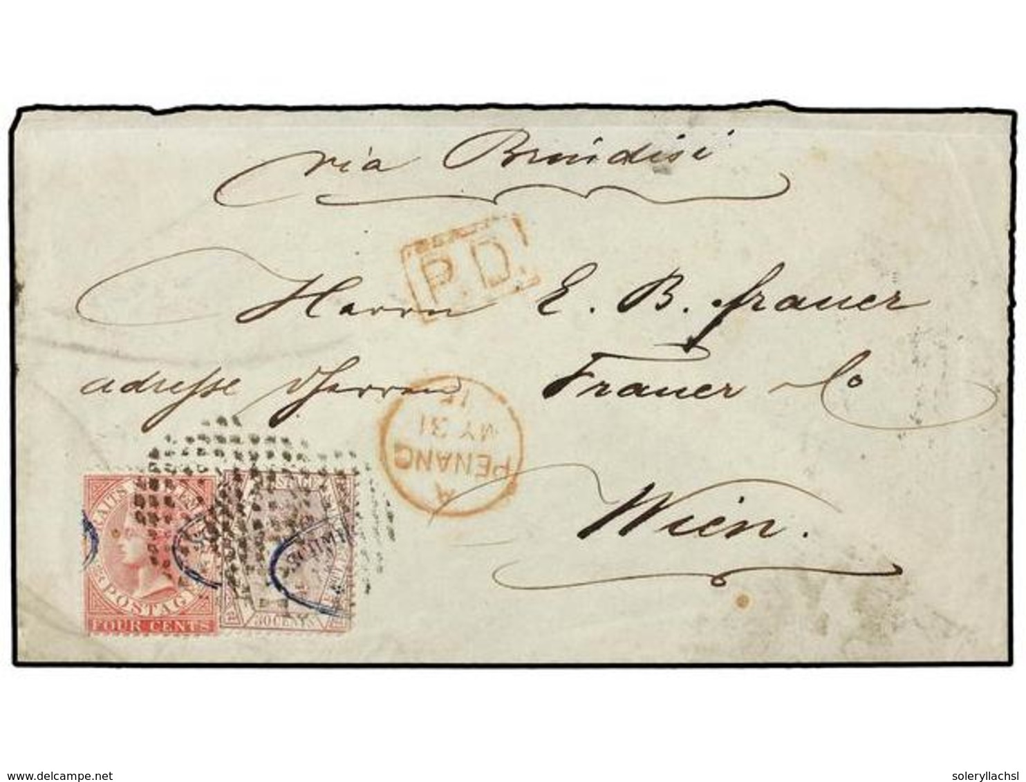 MALAYA. Sc.11, 16. 1875 (May 31). Cover From PENANG To VIENNA Bearing Straits 1867-72 4c. Bright Rose And 30c. Claret (e - Andere & Zonder Classificatie