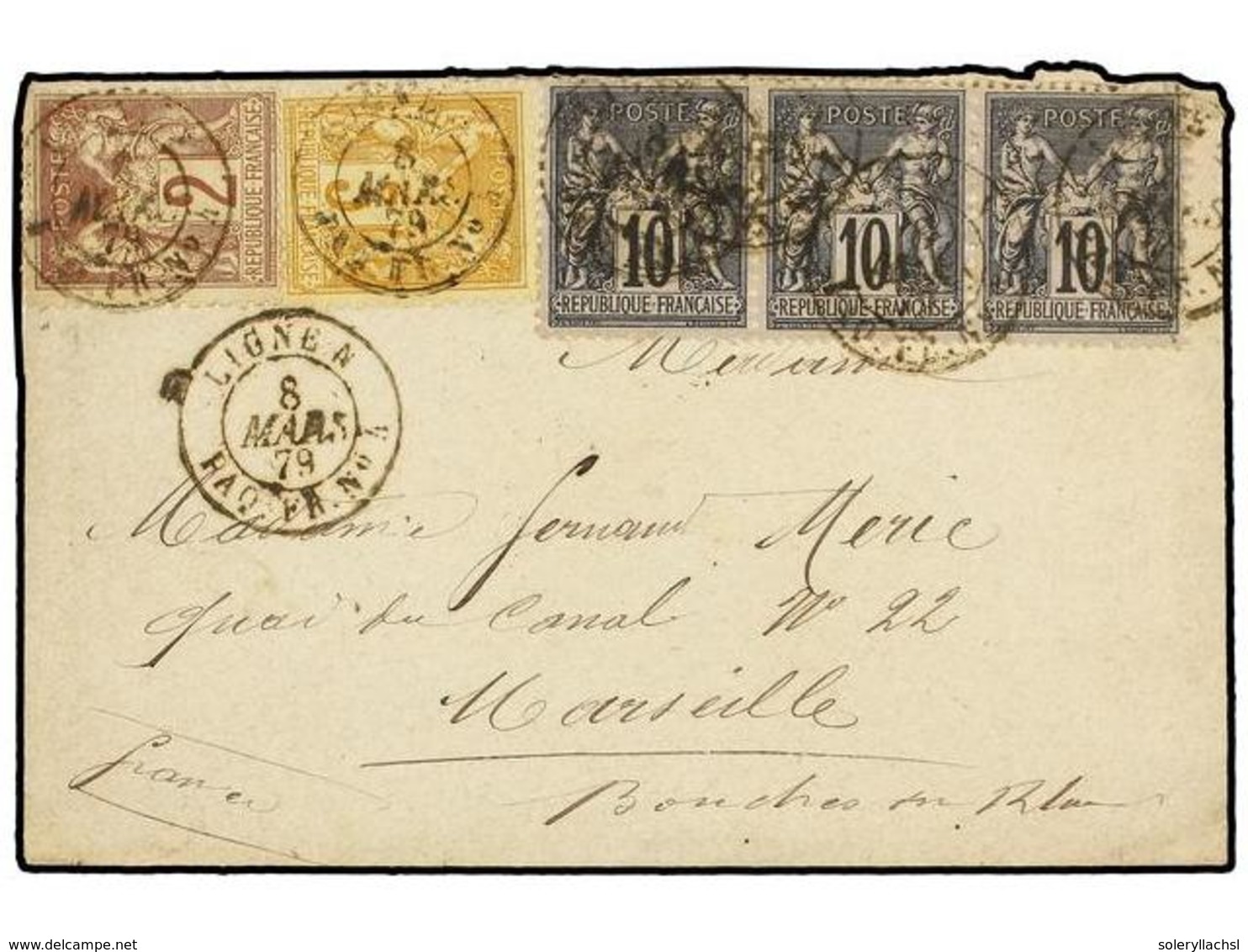 SINGAPUR. 1879 (March 8). Cover From SINGAPORE To MARSEILLE Franked By France Type Sage 2c. Brown, 3c. Yellow Buff And 1 - Autres & Non Classés