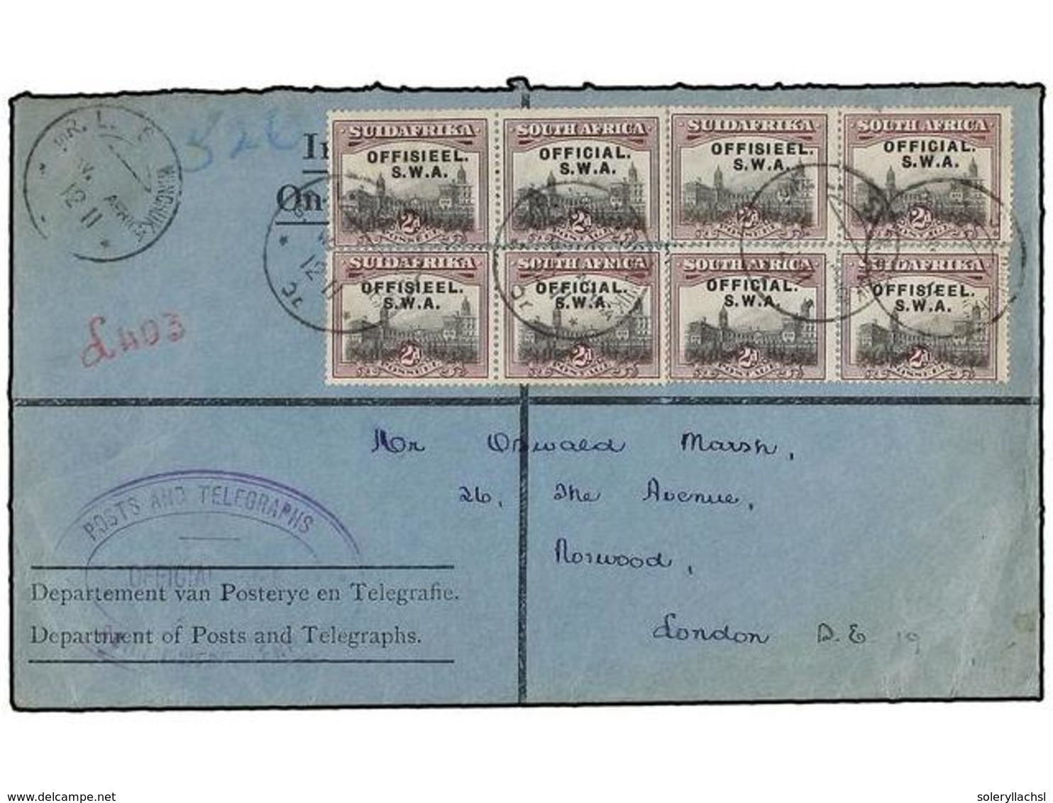 AFRICA DEL SUR: INGLESA. 1911. SOUTH WEST AFRICA To LONDON. Registered Official Cover Franked With Eight 2 D. Stamps Ovp - Sonstige & Ohne Zuordnung