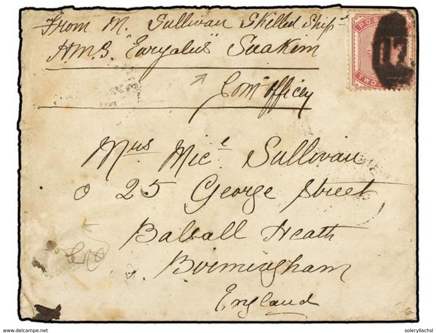 SUDAN. 1884. Sailor's Letter Cover Endorsed From 'M. Sullivan, Skilled Shipwr., HMS Euraylus, Suakim' Franked With Great - Sonstige & Ohne Zuordnung