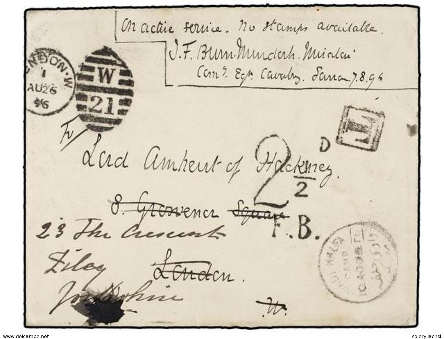 SUDAN. 1896 (August 7). DONGOLA CAMPAIGN. SARRAS (Sudan) To LONDON. Officer's Envelope With Full Content Addressed To Lo - Autres & Non Classés