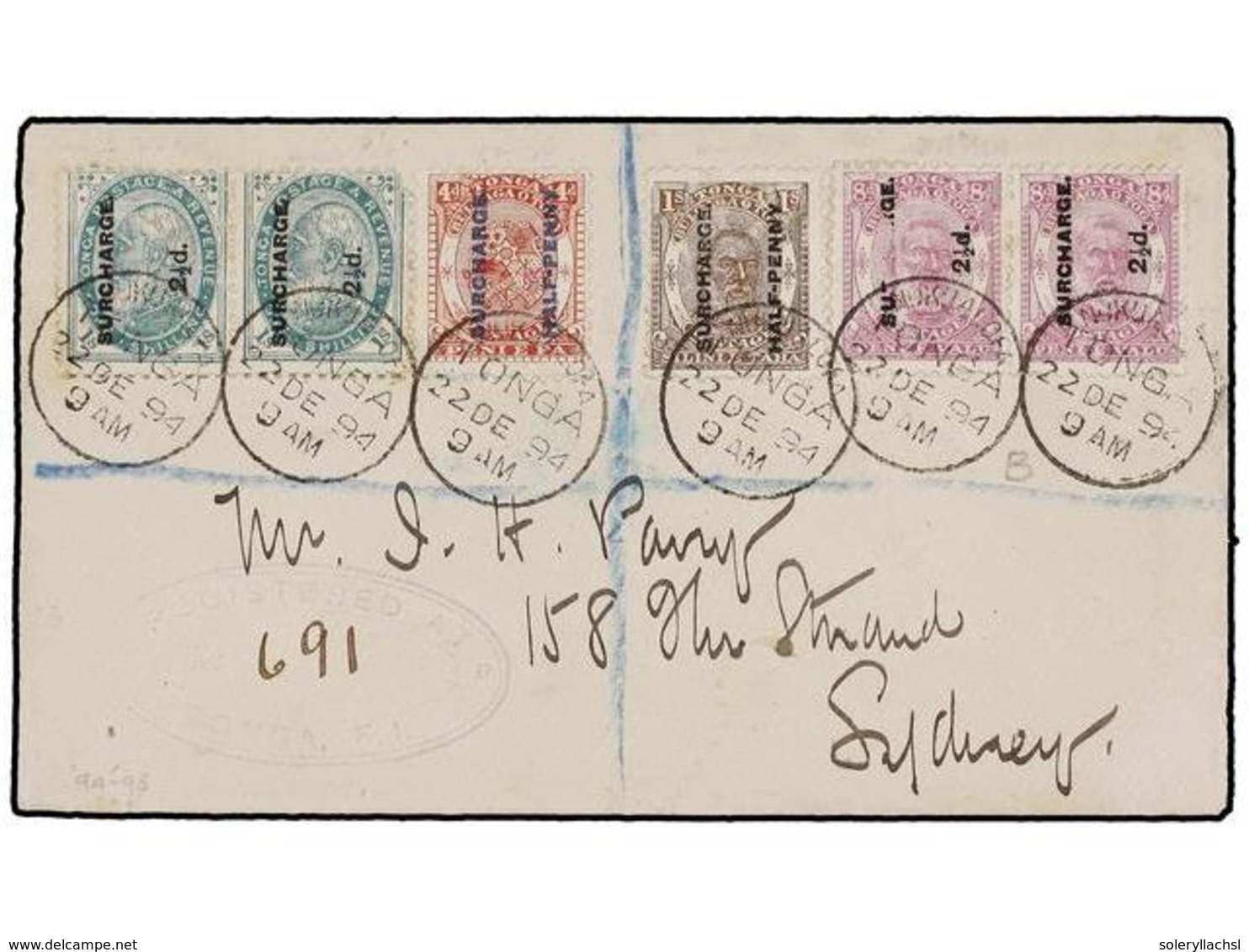 TONGA. 1894. TONGA To SYDNEY. Registered Cover Bearing A Spectacular Franking Of Surcharge Issues With Pair 2 1/2d. On 1 - Sonstige & Ohne Zuordnung