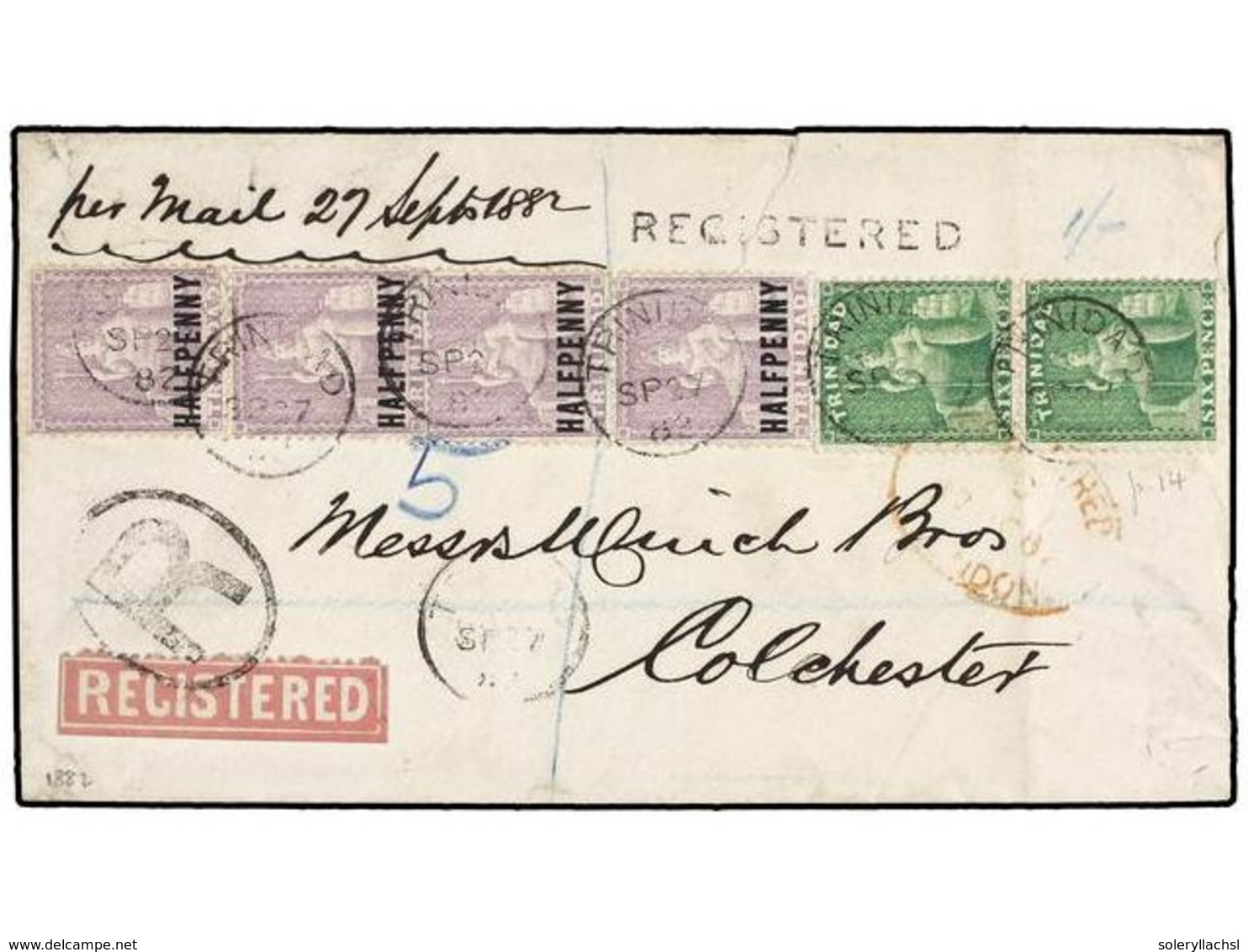 TRINIDAD. 1882. TRINIDAD To ENGLAND. Registered Cover Franked With 1/2 D. Purple (4) And 6 D. Green (2). Fine And Rare F - Andere & Zonder Classificatie