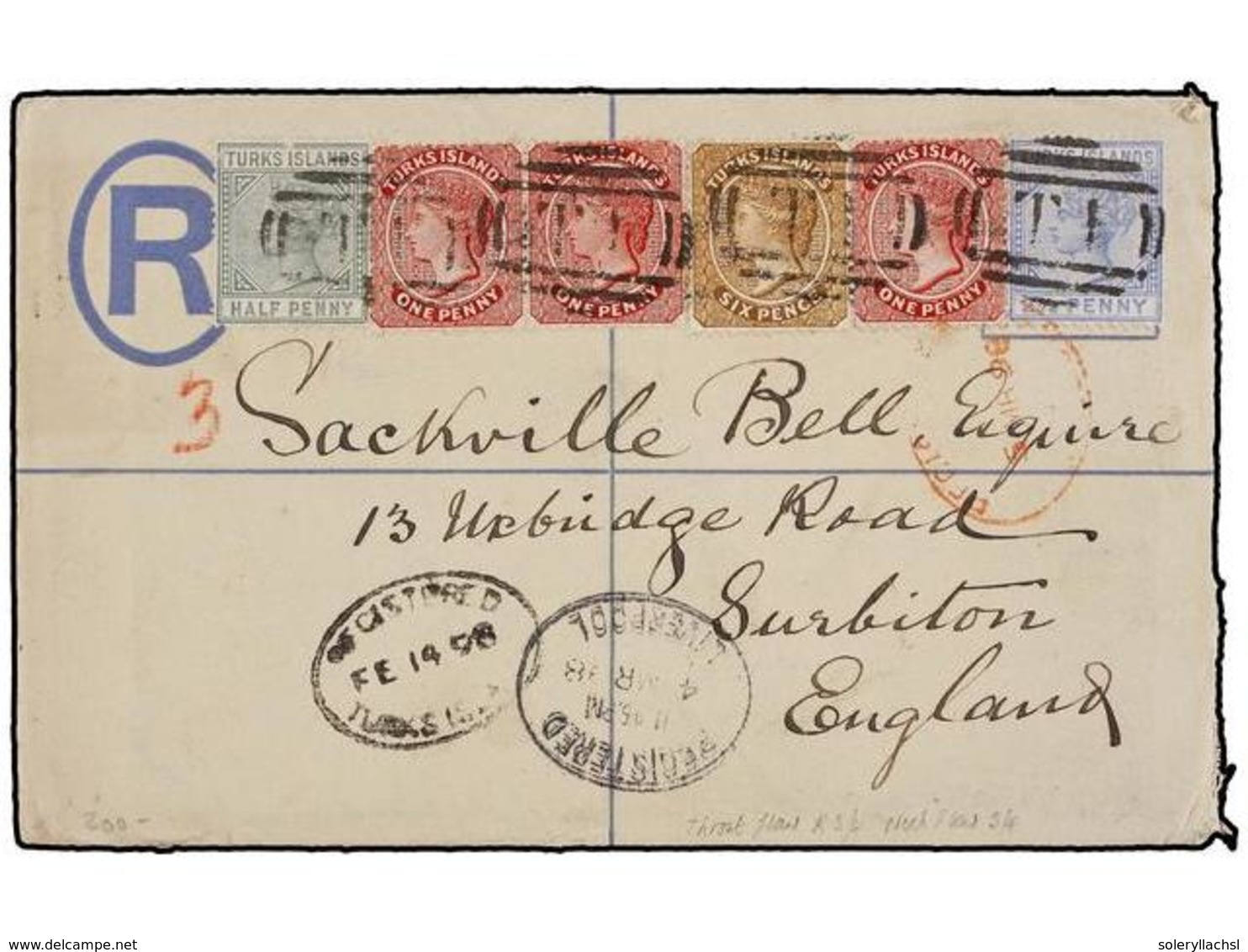 TURKS Y CAICOS. 1898. TURKS To ENGLAND. Registered Envelope Uprated With 1/2 D., 1 D. (3), 2 1/2 D. And 6 D., Arrival On - Autres & Non Classés