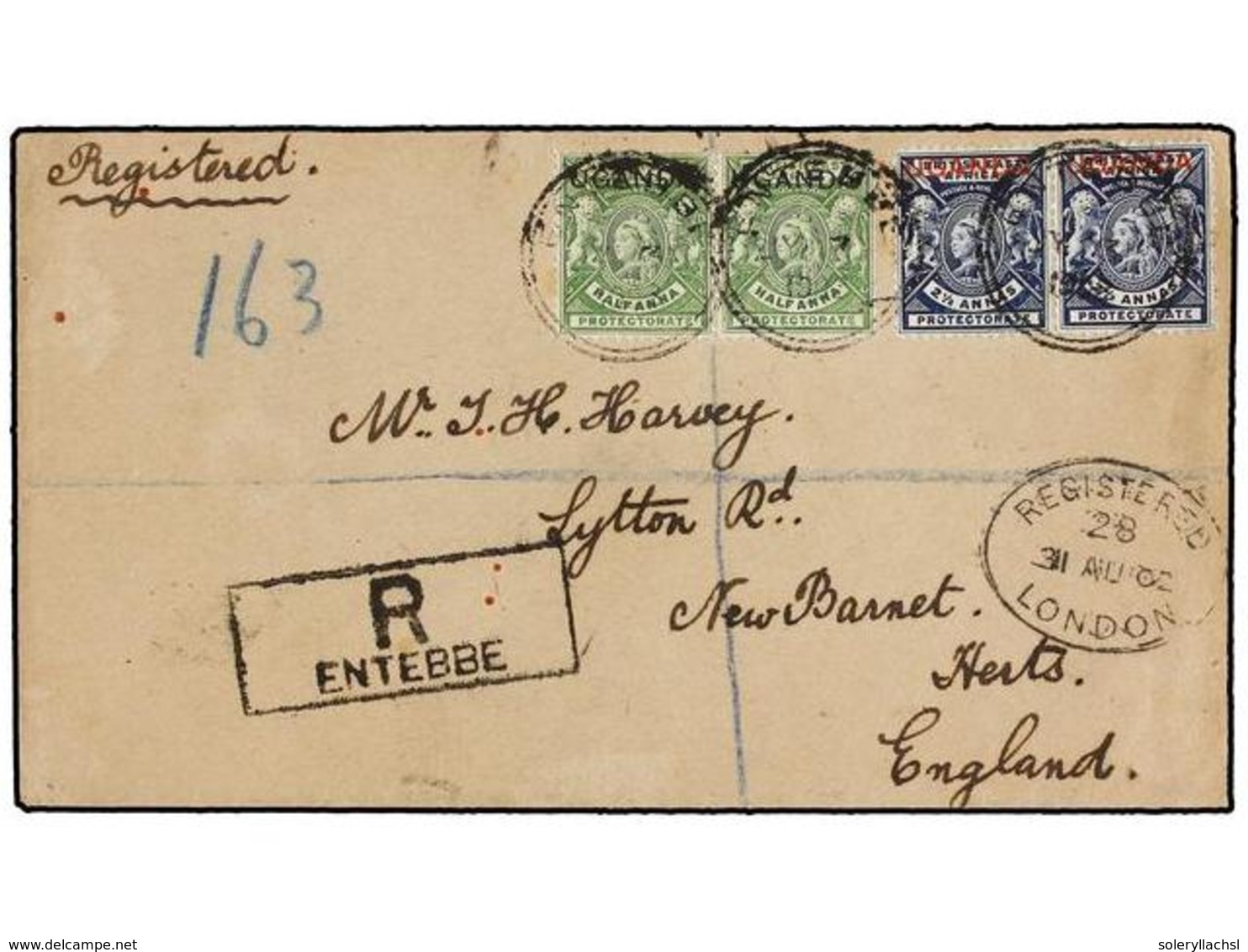 UGANDA. 1902. ENTEBBE To ENGLAND. Registered Envelope Franked With 1/2a. Green (2) And 2 1/2a. Blue (2) Overp. UGANDA Ti - Autres & Non Classés