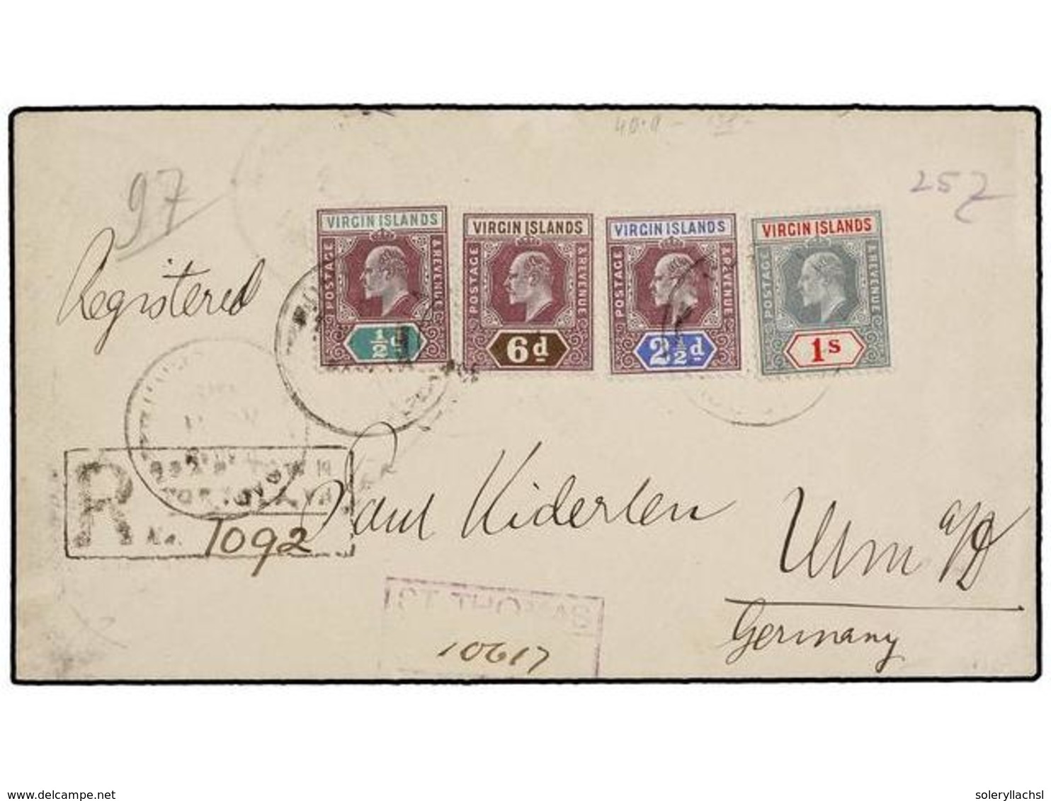 ISLAS VIRGENES. 1913. TORTOLA To GERMANY. Registered Envelope Sent Via St. Thomas. Nice Franking. Arrival On Reverse. - Altri & Non Classificati