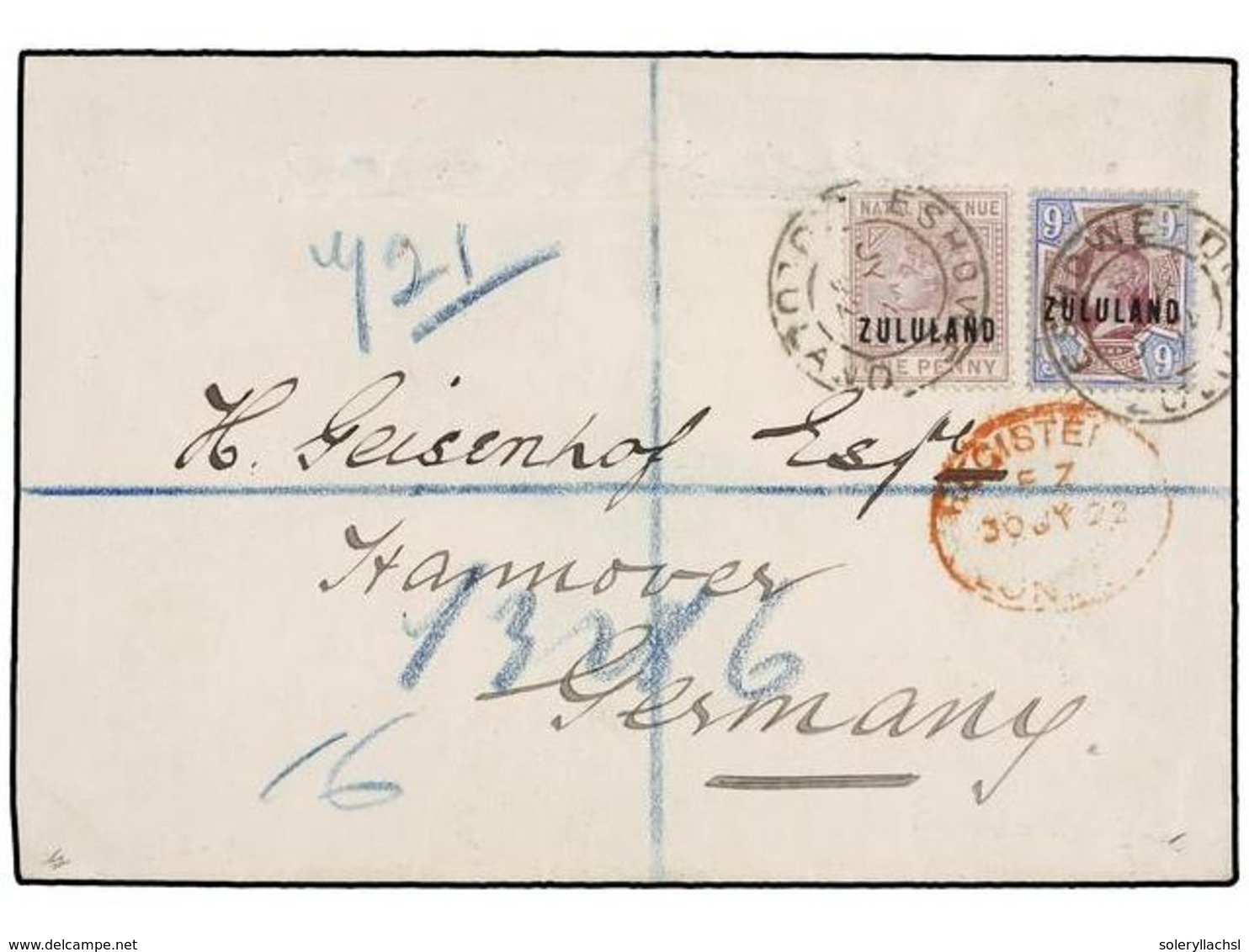 ZULULAND. 1892. ZULULAND To GERMANY. Registered Cover Franked With 1 D. And 9 D. Stamps, Arrival On Reverse. - Altri & Non Classificati
