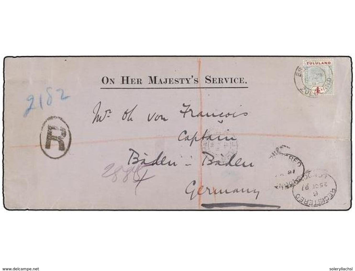 ZULULAND. 1897. ZULULAND To GERMANY. Registered Official Cover Franked With 4 Sh. Carmine And Green, Arrival On Reverse. - Altri & Non Classificati