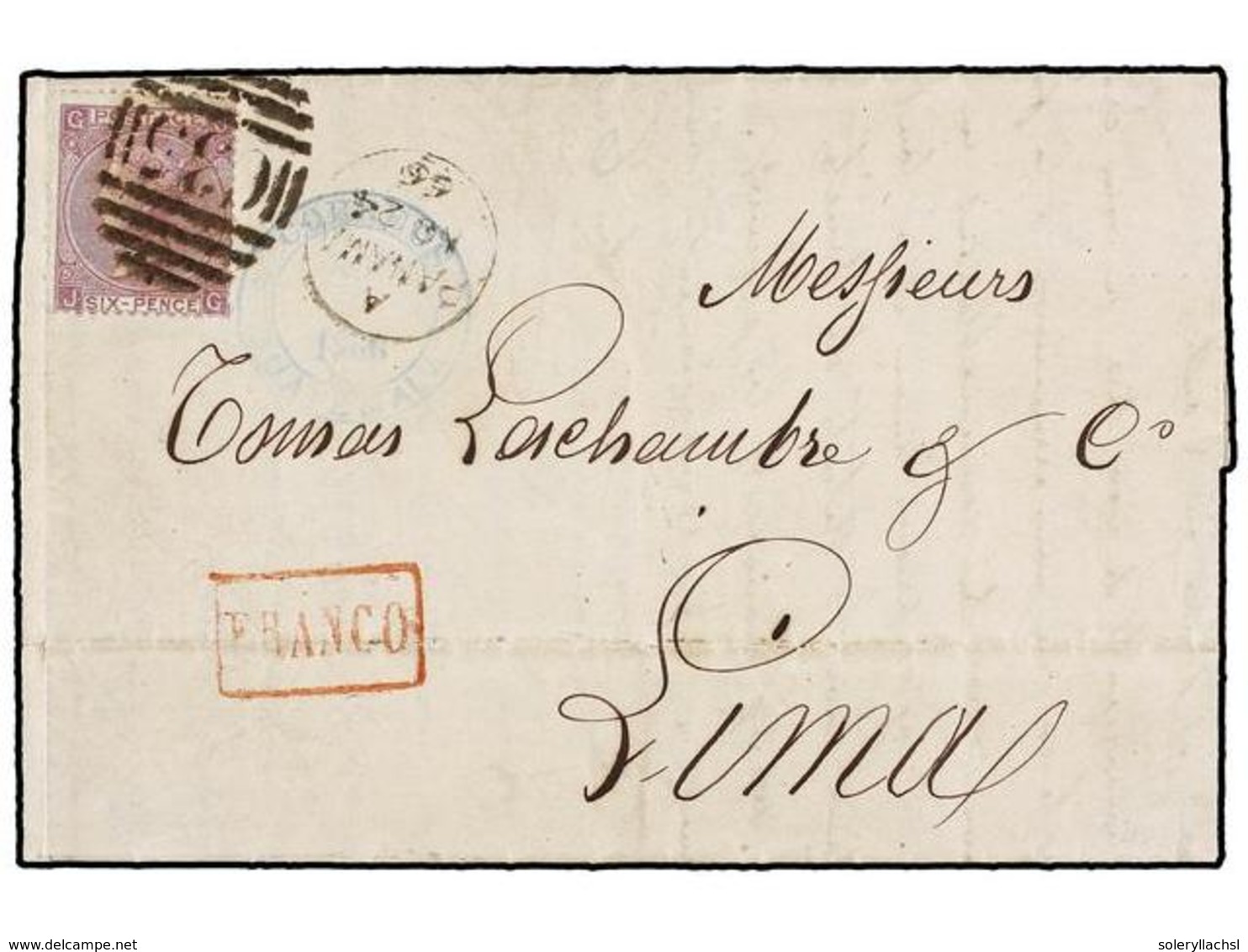 GUATEMALA. 1866. Entire To LIMA (Perú) Bearing 6d. JG Plate 5 Tied By 'C35' PANAMA Duplex Applied In Transit. CORREOS GU - Sonstige & Ohne Zuordnung