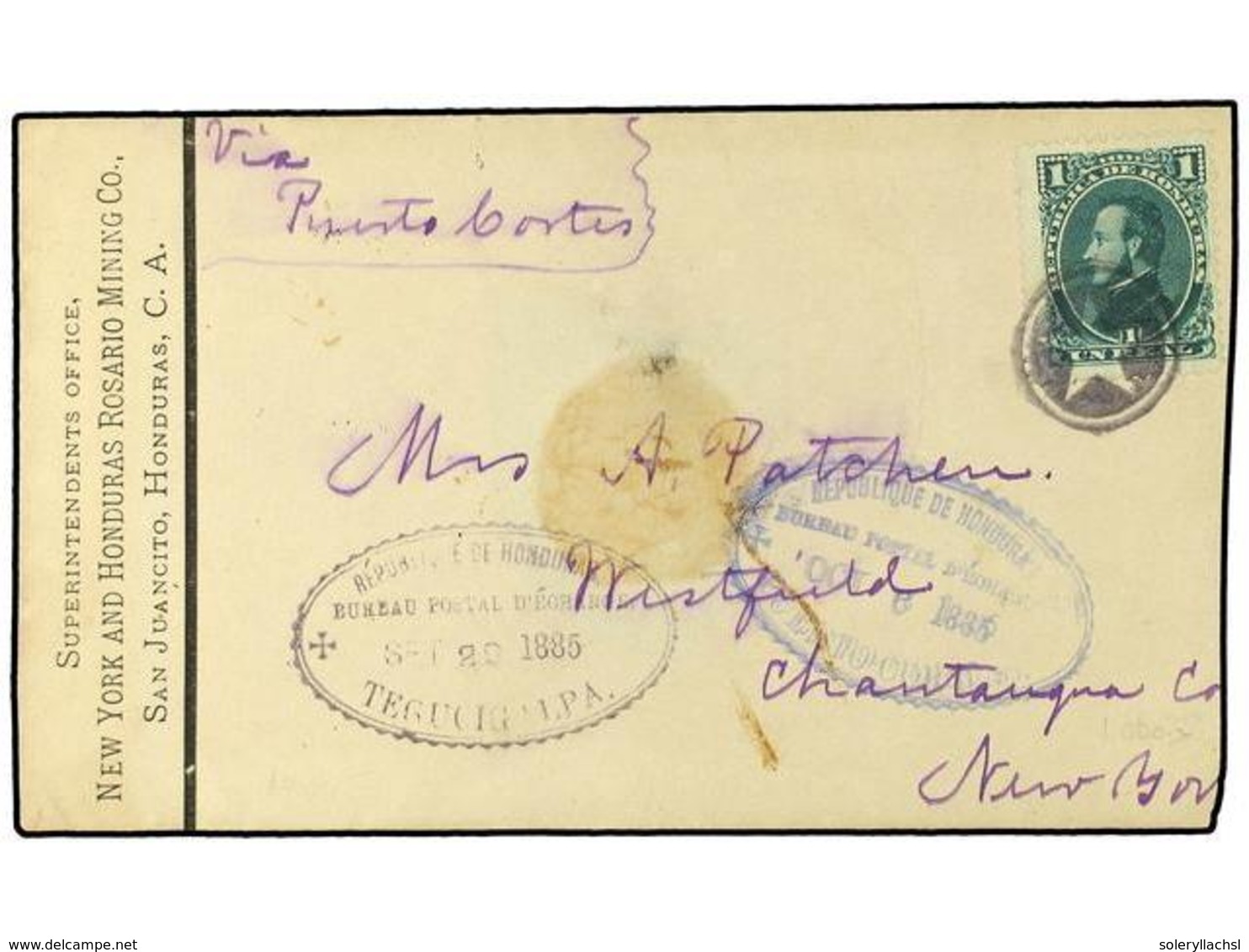 HONDURAS. 1885 (Sept 20). Printed Cover From The Rosario Mining Company, San Juancito Used To New York And Franked By Si - Sonstige & Ohne Zuordnung