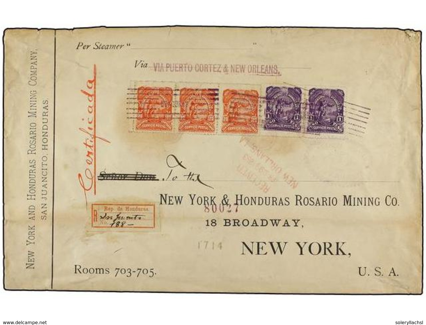 HONDURAS. Sc.69(3),75(2). 1893. SAN JUANCITO A NEW YORK. Sobre Certificado Con Franqueo De 20 Ctvos. Rojo (3) Y 1 Peso L - Altri & Non Classificati