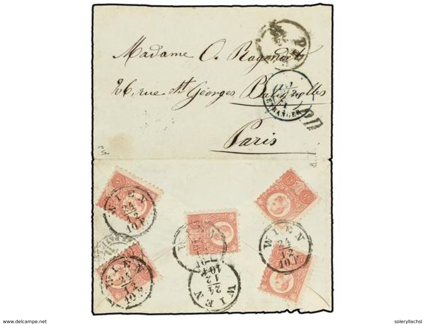 HUNGRIA. 1871 (Dec 23). Cover From PESTH To PARIS Bearing, On Reverse, Five Lithographed 1871 5kr. Rose Red, All Tied In - Altri & Non Classificati