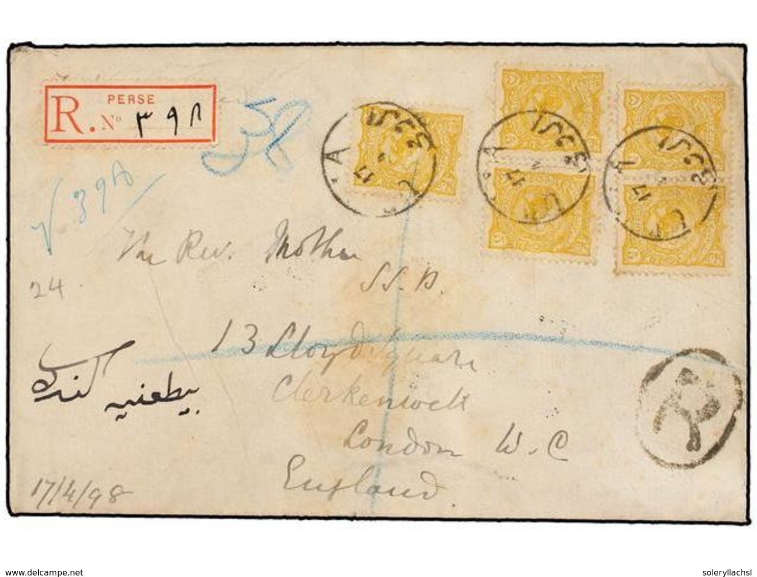 IRAN. 1898. URMIA To LONDON. 5 Ch. Yellow (5). Registered Cover. - Andere & Zonder Classificatie