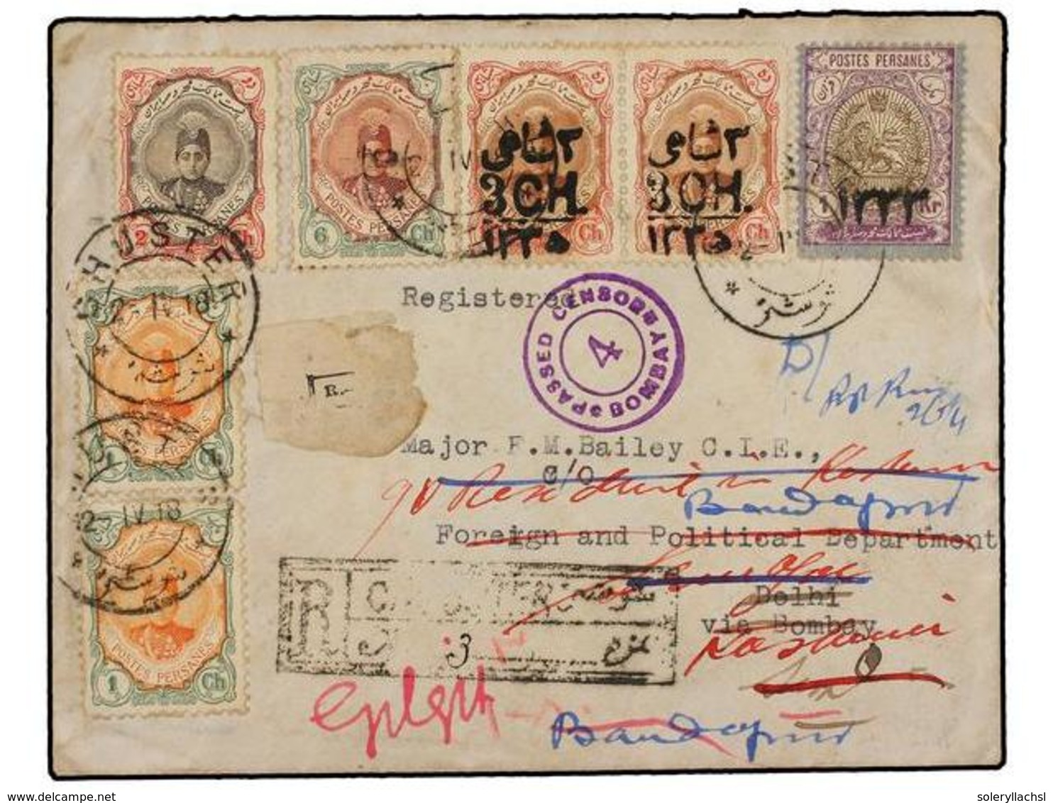 IRAN. Sc.481 (2), 482, 486, 549, 593 (2). 1918. CHUSTER To INDIA. 1 Ch. (2), 2 Ch., 6 Ch., 3 Ch. On 10 Ch. And 1 Kr. Reg - Andere & Zonder Classificatie