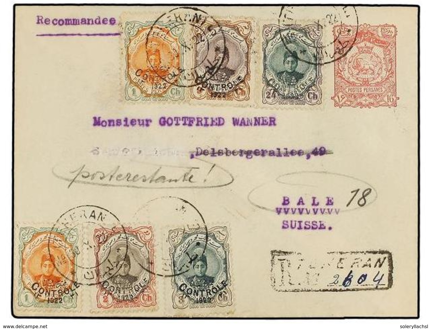 IRAN. Sc.646 (2), 647, 648, 651, 655. 1922. TEHERAN To SWITZERLAND. 16 Ch. Red Postal Stationary Envelope Uprated With 1 - Andere & Zonder Classificatie