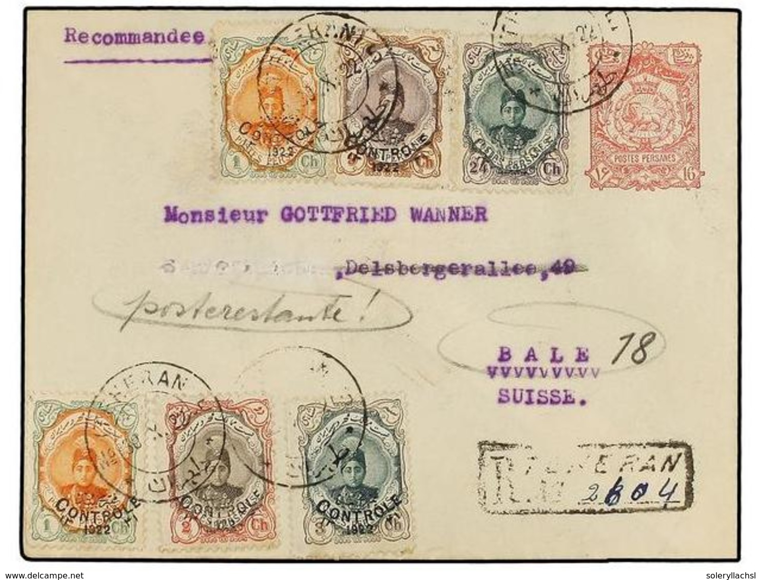 IRAN. Sc.646 (2), 647, 648, 651, 655. 1922. TEHERAN To SWITZERLAND. 16 Ch. Red Postal Stationary Envelope Uprated With 1 - Altri & Non Classificati