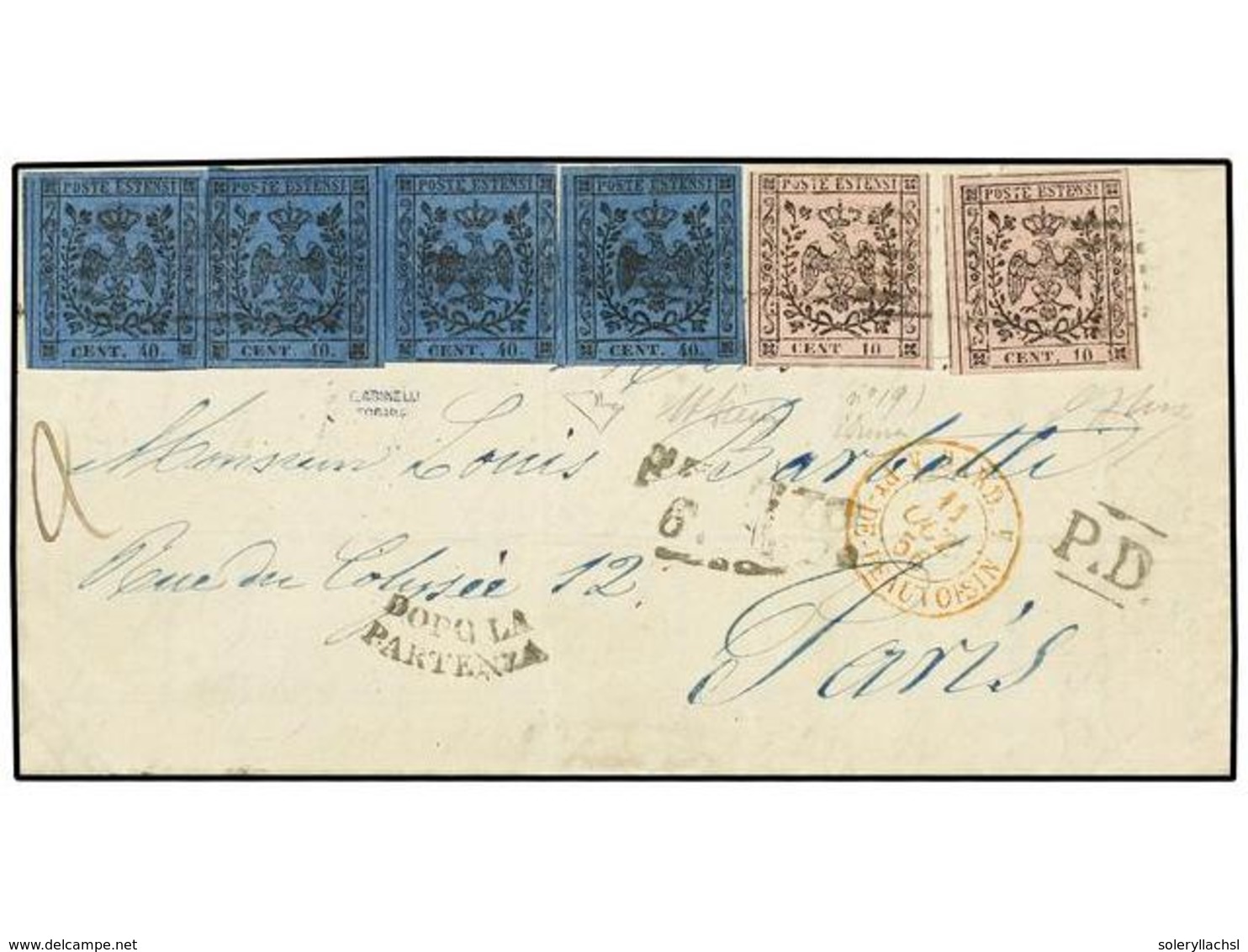 ITALIA ANTIGUOS ESTADOS: MODENA. Sa.2, 2b, 10 (4). 1852. REGGIO A PARÍS. 10 Cent. Negro S. Rosa, Un Sello SIN PUNTO Y 40 - Sonstige & Ohne Zuordnung