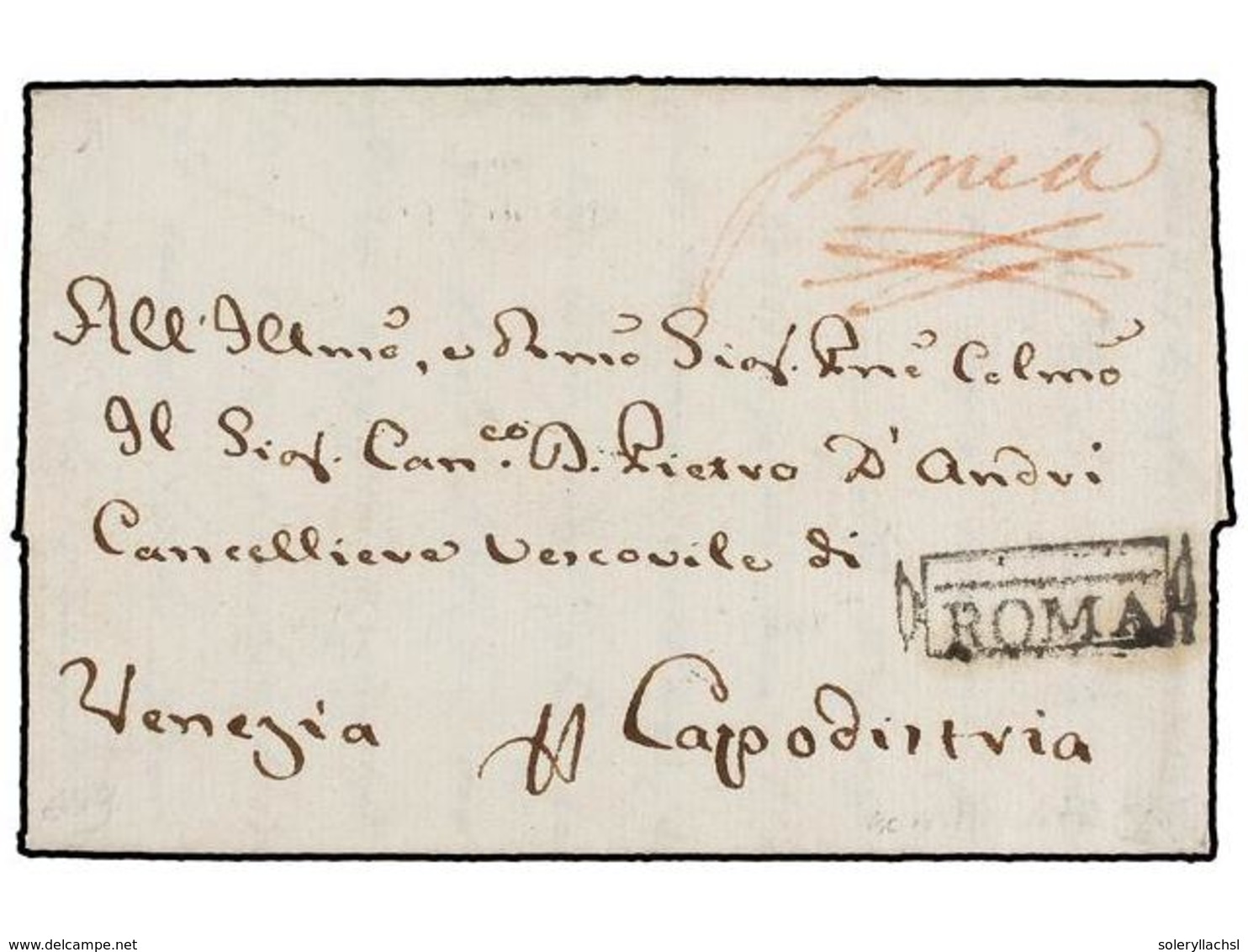 ITALIA. 1809 (17 Junio). ROMA A VENEZIA. Carta Completa Con Texto. Marca ROMA En Negro Y Manuscrito 'FRANCA' En Tinta Ro - Autres & Non Classés