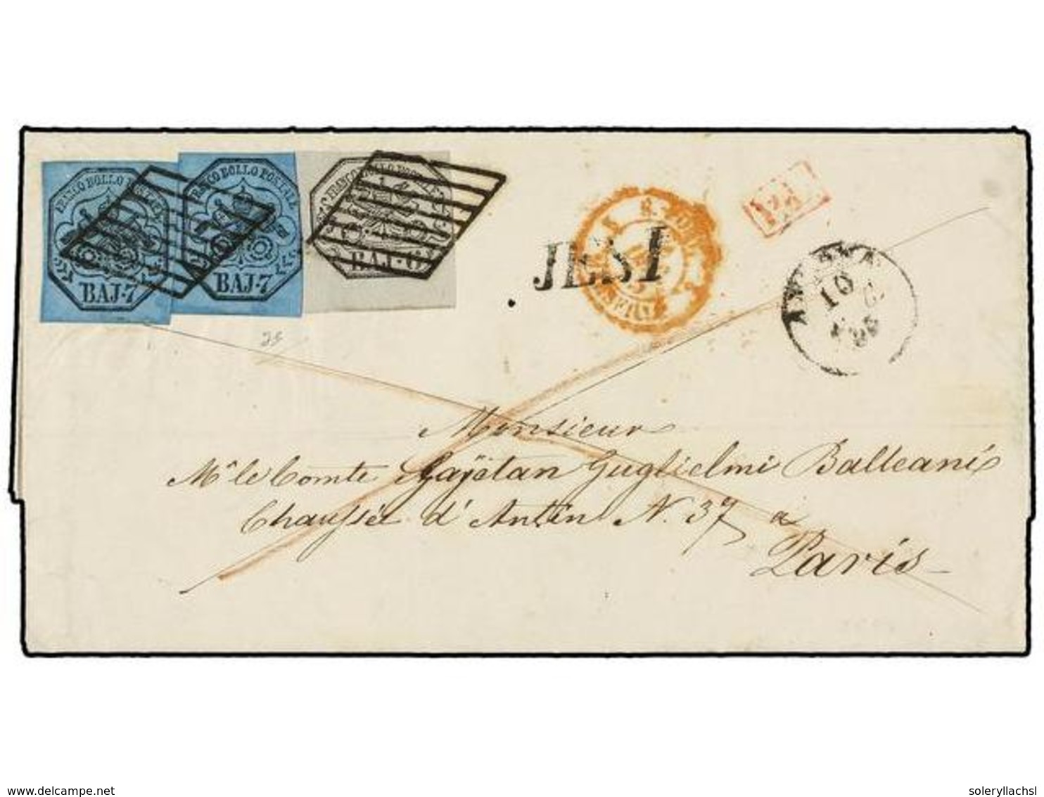 ITALIA ANTIGUOS ESTADOS: ESTADOS PONTIFICIOS. Sa.7, 8 (2). 1855. JESI A PARÍS. 6 Baj. Gris Y 7 Baj. Azul (2). Excepciona - Autres & Non Classés