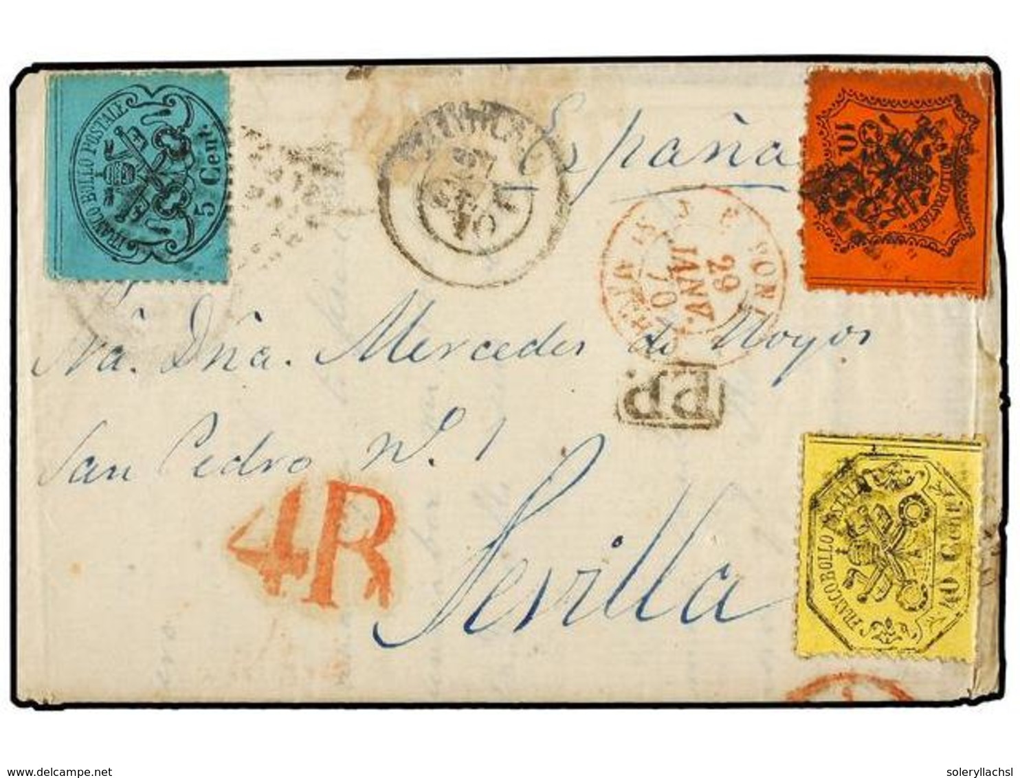 ITALIA ANTIGUOS ESTADOS: ESTADOS PONTIFICIOS. Sa.25, 26, 29. 1870. ROMA A SEVILLA (España). 5 Cents. Azul, 10 Cents. Nar - Autres & Non Classés