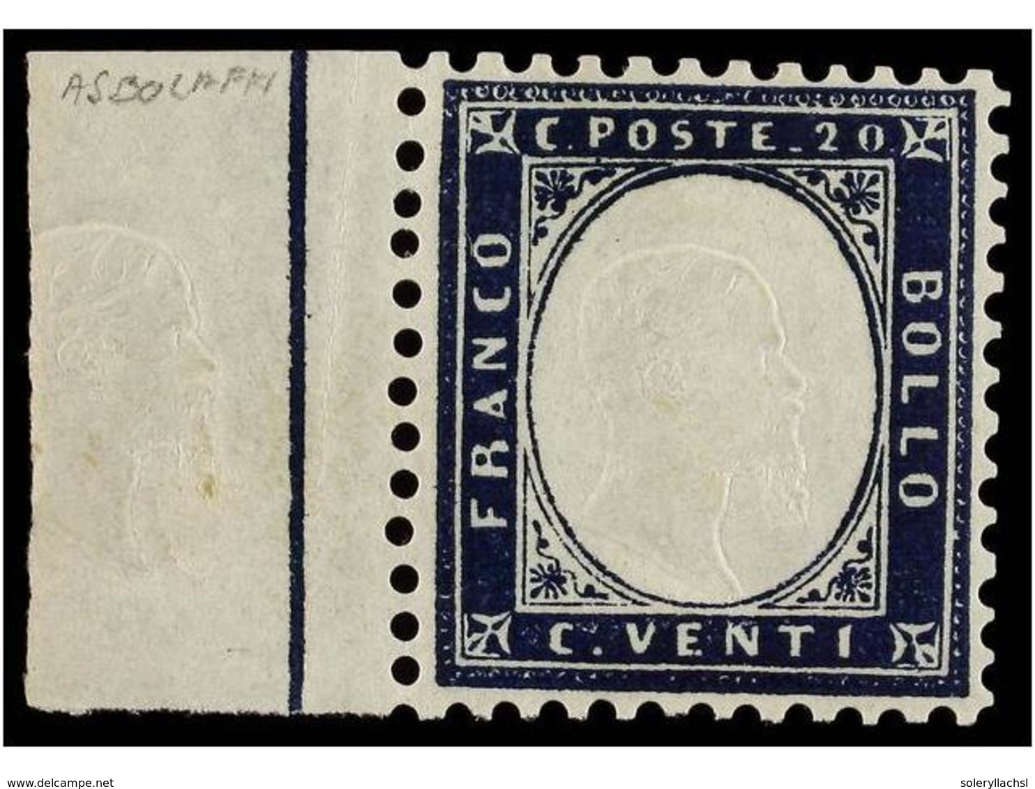 ** ITALIA. Sa.2q. 20 Cts. Azul. LINEA DE RECUADRO VERTICAL Y EFIGIE IMPRESA EN EL BORDE DE HOJA. ESPECTACULAR Y De Excep - Andere & Zonder Classificatie