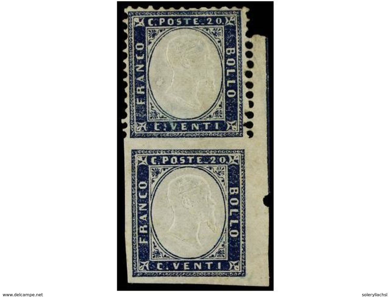 ** ITALIA. Sa.2ma. 20 Cents. Azul. Pareja Vertical, Sello Inferior SIN DENTAR Con La Línea De Encuadre A La Derecha Y Un - Altri & Non Classificati