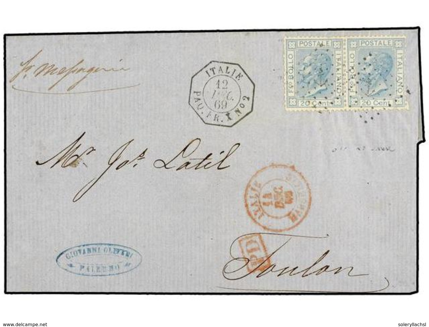 ITALIA. 1869. PALERMO A FRANCIA. 20 Cts. Azul (2), Mat. ANCLA Y Fechador Marítimo Francés ITALIE/PAQ. FR. X Nº 2.  MAGNÍ - Andere & Zonder Classificatie