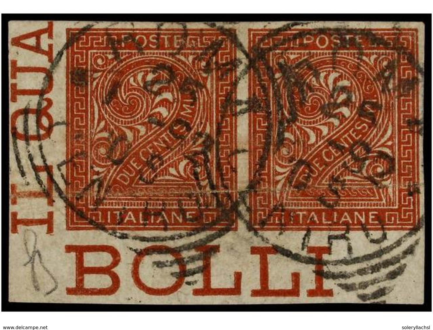 ° ITALIA. Sa.T15da. 1866. 2 Cts. Castaño Rojo. Pareja SIN DENTAR Y Sin Filigrana. Esquina De Pliego Con Parte De Las Ley - Altri & Non Classificati