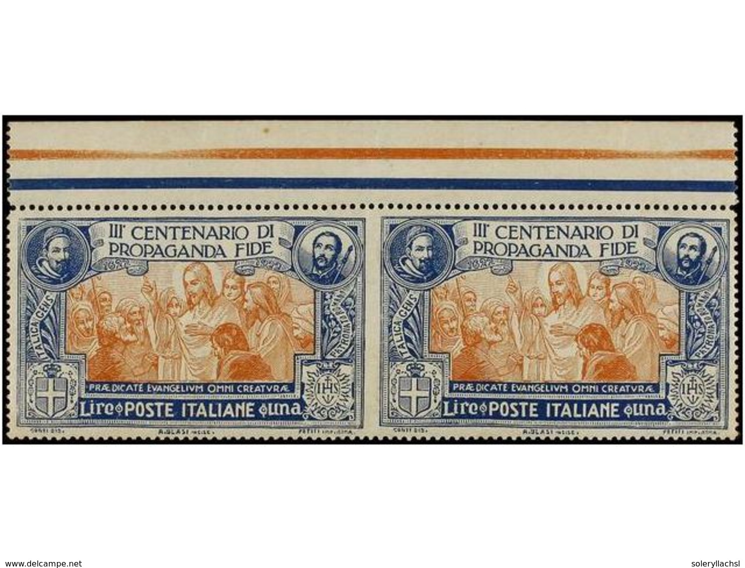 ** ITALIA. Sa.134f. 1923. 1 Lira Azul Y Ocre. Pareja SIN DENTAR EN MEDIO. MAGNÍFICA. Cert. E. DIENA. - Andere & Zonder Classificatie