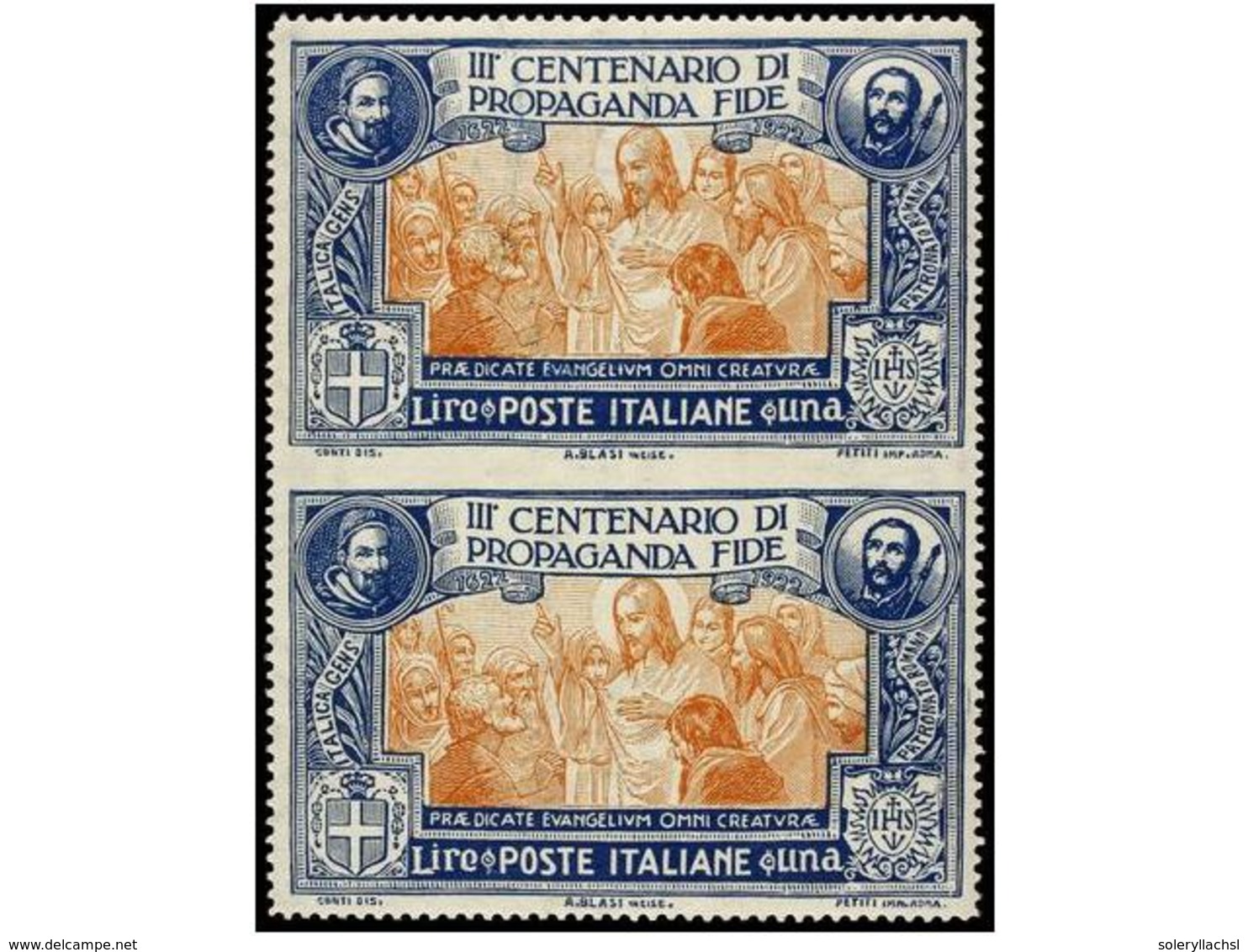 ** ITALIA. Sa.134h. 1923. 1 Lira Azul Y Naranja. Pareja Vertical SIN DENTAR EN MEDIO. MAGNÍFICA. - Altri & Non Classificati